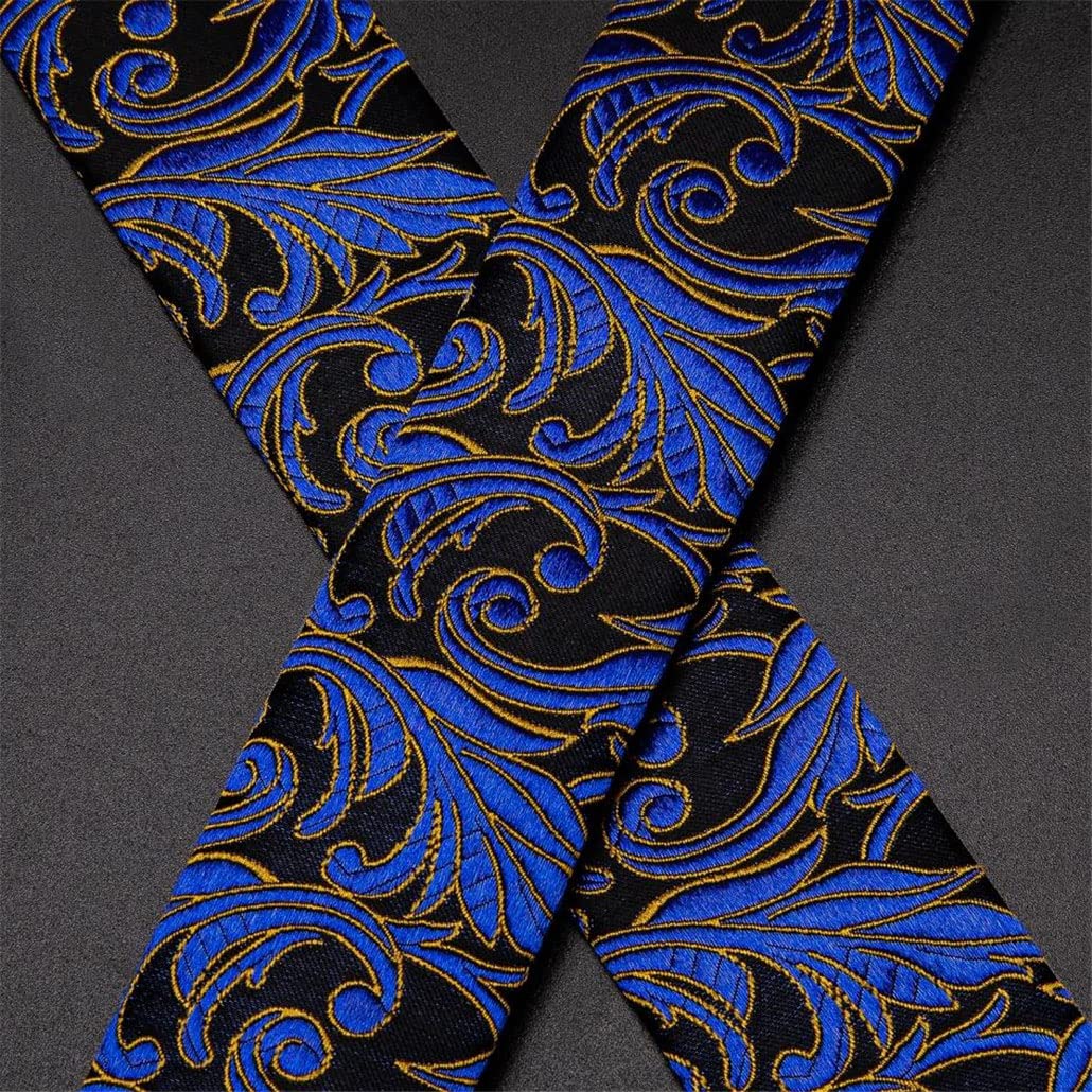 keusyoi Herren-Hosenträger-Set aus Jacquard-Seide, blaue Blume, 6 Clips, Herren-Hosenträger, Fliege, Einstecktuch, quadratisch, 3,5 cm breit