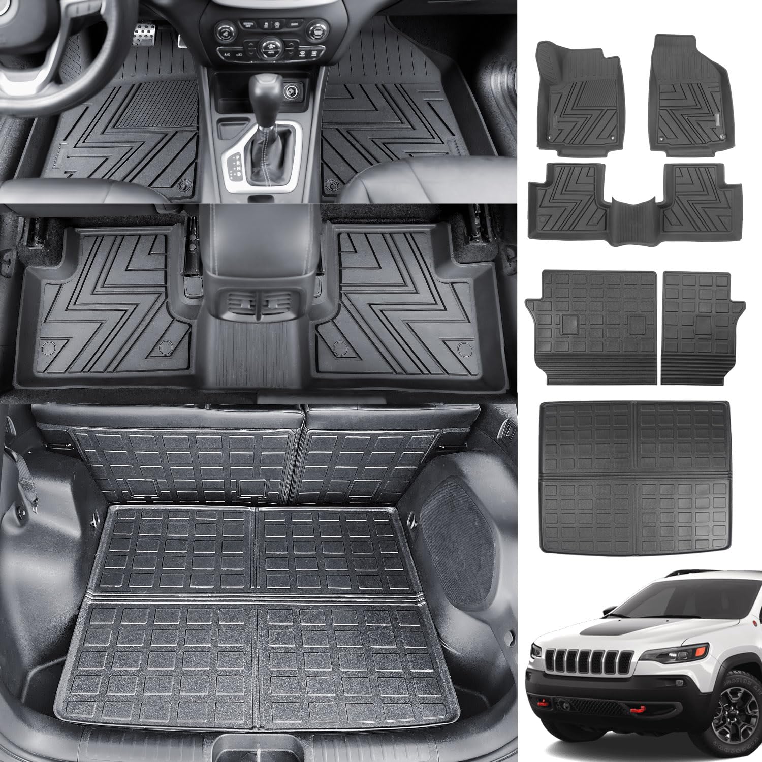 Photo 1 of powoq Cargo Mat Compatible with 2019-2023 Jeep Cherokee Floor Mats TPE Backrest Mat Trunk Mat Replacement for 2019 2020 2021 2022 2023 Jeep Cherokee Accessories(Rear Trunk Mat+Backrest Mat+Floor Mat)