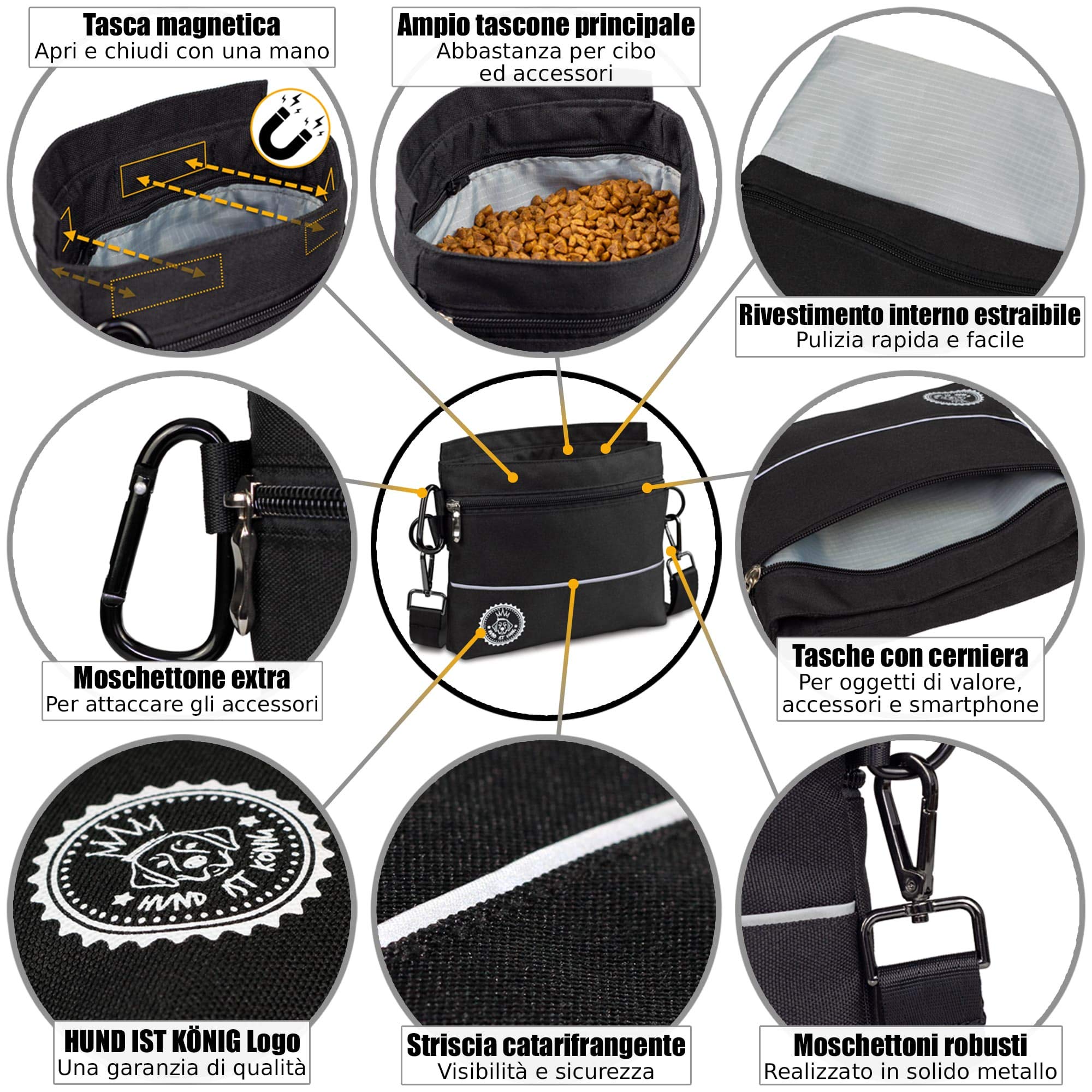 Borsa per premietti cane con tasca magnetica a una mano, 2 tasche con cerniera, tasca interna rimovibile, cinghia per spalla imbottita, moschettone gratuito, perfetto per addestramento agility canino