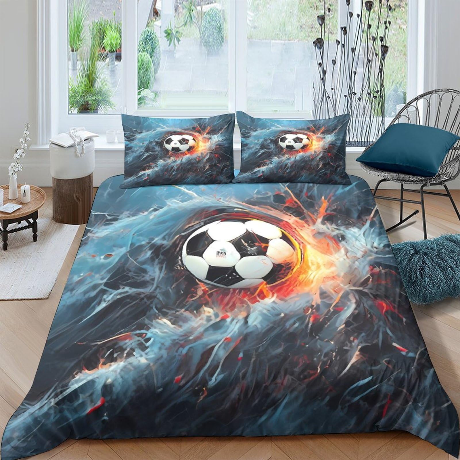 Ctjqhvkz Style-4 3D Printed Soccer Fireball Fitted Sheet Microfiber Soft Breathable Blue Flame Bed Cover For Bedroom Dorm Mattress Decor Single（135X200cm）