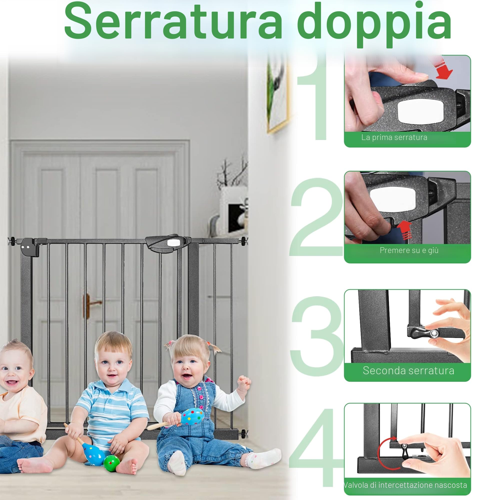 Yuenfong - Cancelletto di sicurezza per scale e porte, montaggio senza forature, per scale, sicurezza dei bambini, chiusura automatica, apertura sui 2 lati a 180°, larghezza 95 - 105 cm, nero