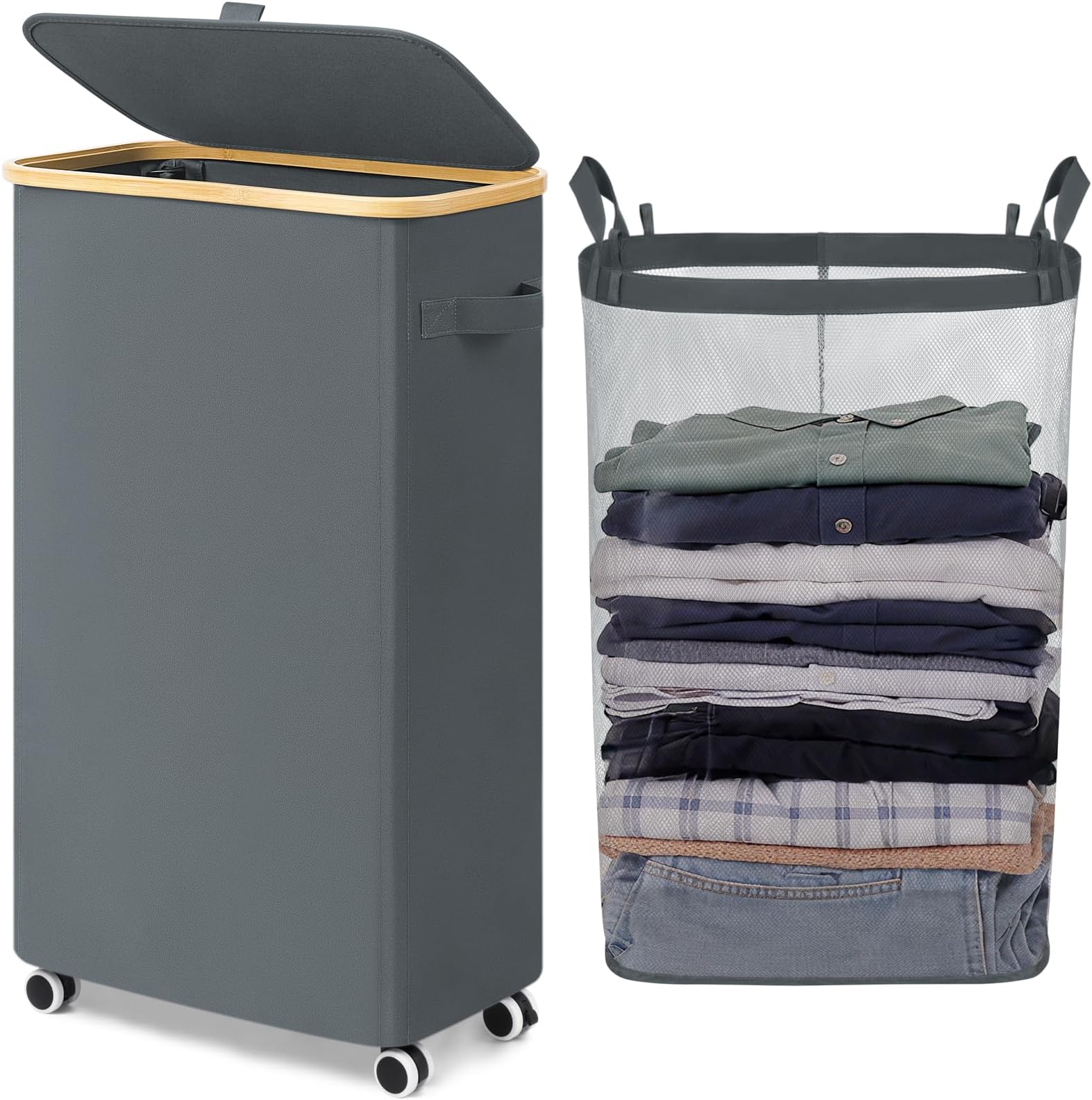 Slim Laundry Basket with Wheels and Lid, 75L Rolling Dirty Clothes Hamper for Dorm Bathroom, Large Laundry Hamper with Bamboo Frame Removable Bag, 17" x 9.8" x 29.5", Gray