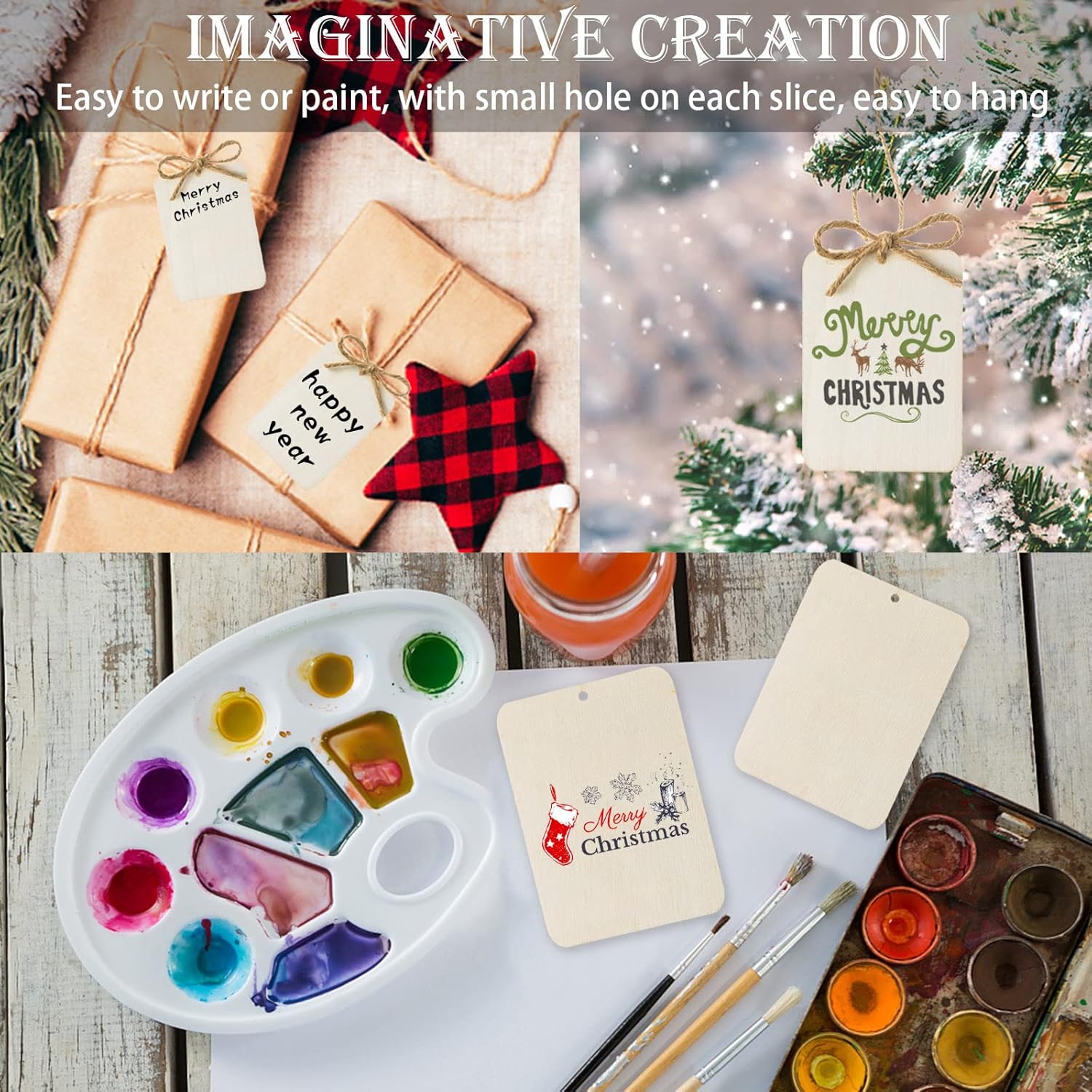 60 Pcs Wooden Tags 2.5 x 3.5 Inch Unfinished Wood Pieces Rectangle Square Wooden Cutouts with Holes Wood Ornaments with 32.8ft Rope for Holiday Gift Tags DIY Craft Hanging Decorations Painting - Image 5