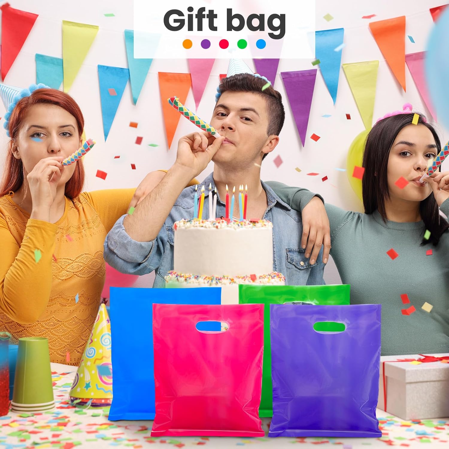 Harloon 400 Pcs Plastic Shopping Bags Bulk 12 x 15 Inch Large Retail Bag with Die Cut Handle Merchandise Bags for Small Business Store Retail Goodies Gifts Party Favors(Purple, Pink, Blue, Green)
