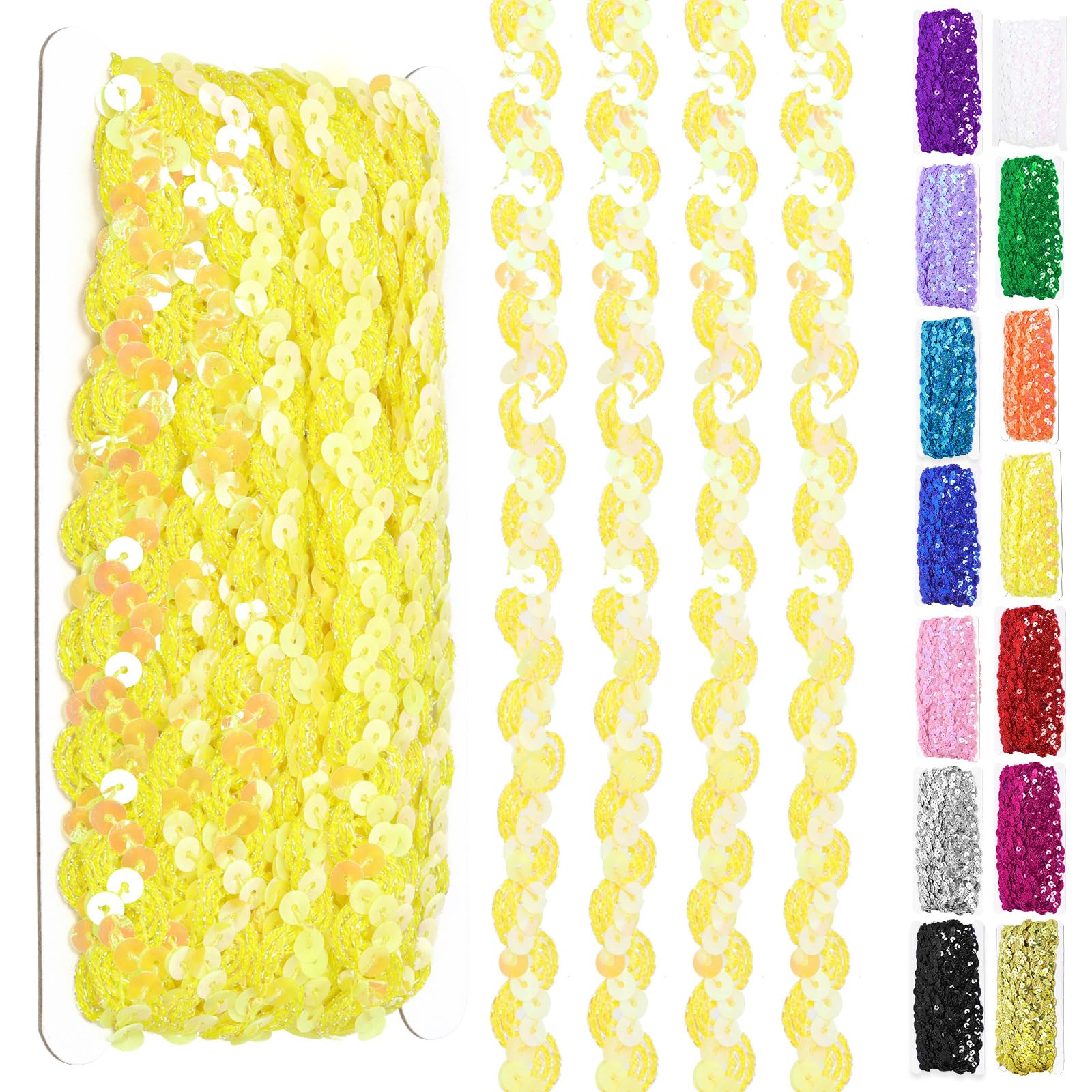 Swpeet 11 Yards 0.6Inch Yellow Wave Sequin Braid Trim Strip, Flat Glitter Sequin Braid Trim, Sequins Beaded Lace Ribbon, Paillette Sequins Ribbon for Sewing Clothes, Decoration, DIY Crafts﻿