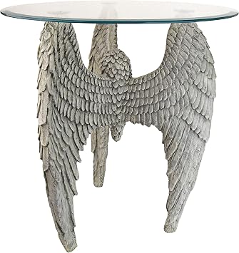 Design Toscano Angel Wings at Our Feet Glass-Topped Sculptural Table by artist Evelyn Myers Hartley, 21.5 Inches, antique stone