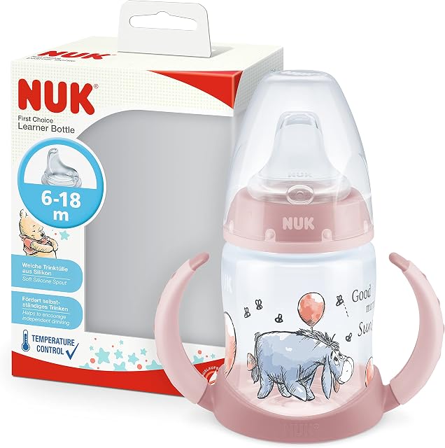 Kubek niekapek NUK First Choice Learner Cup | 6-18 miesięcy | Wskaźnik kontroli temperatury | Nieprzeciekający silikonowy dzióbek | Odpowietrznik antykolkowy | Bez BPA | 150 ml | Winnie (różowy)