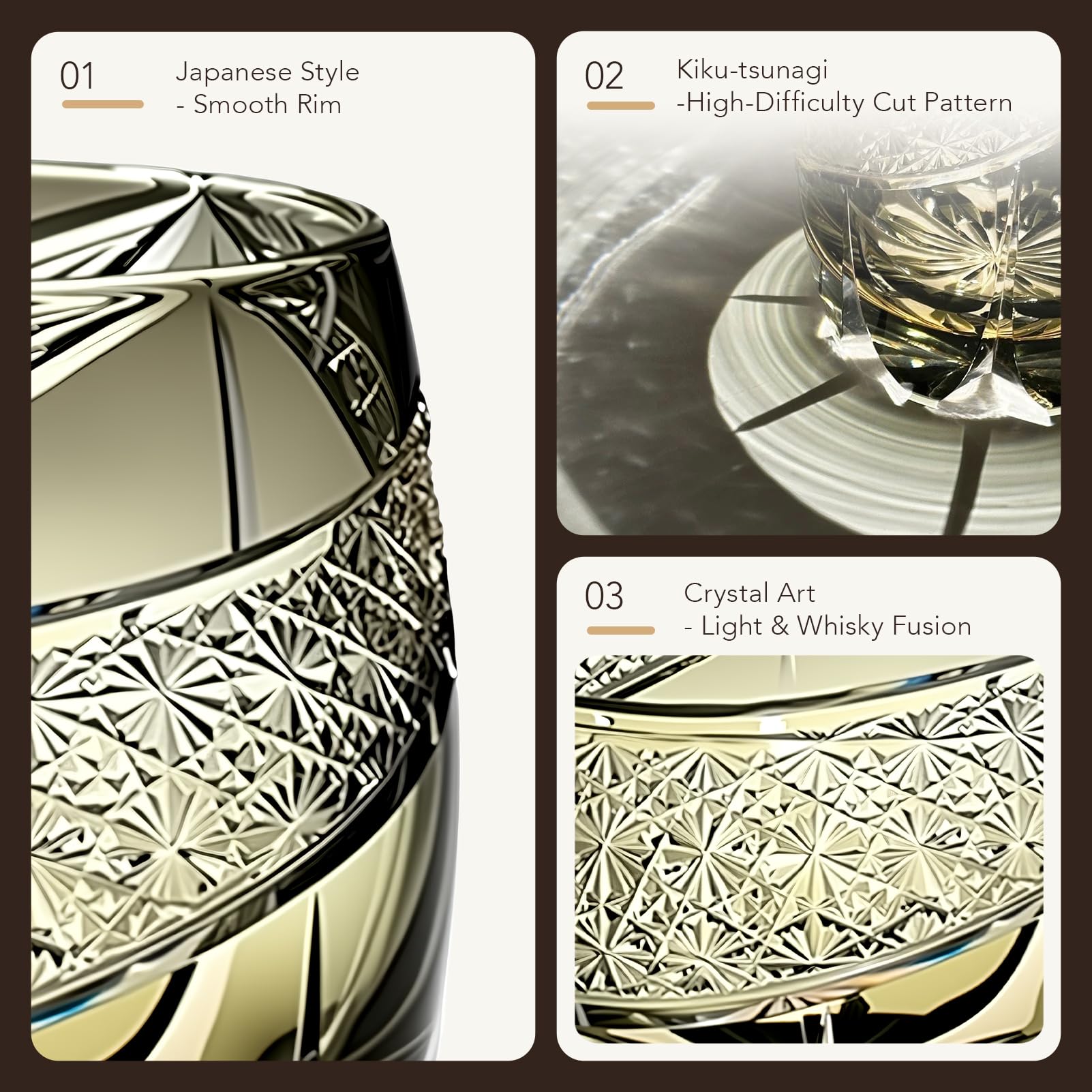 Verre à whisky style Edo Tokyo Kiriko – Verre à whisky en cristal taillé à la main 250 ml, design japonais élégant pour bourbon, scotch et cocktails – 1 pièce