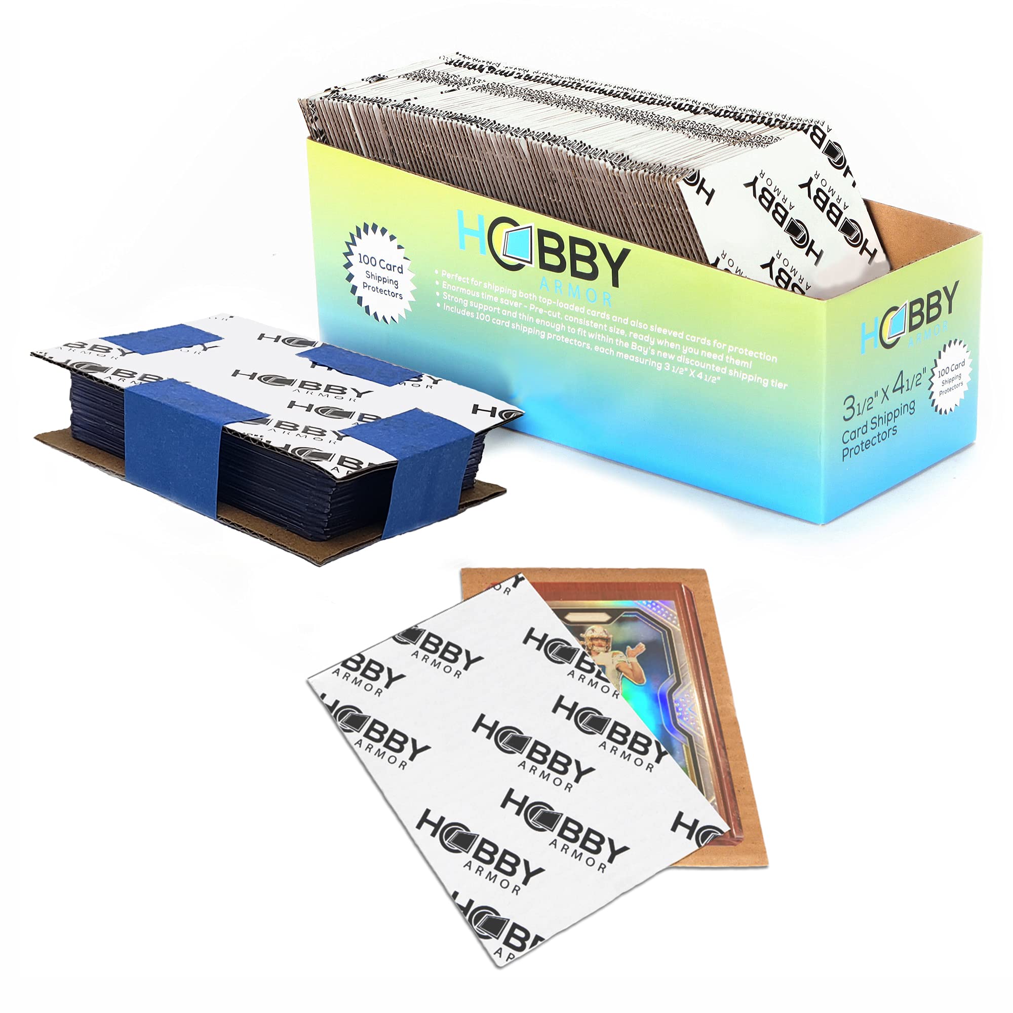 Trading Card Shipping Protector by Hobby Armor, 3.5" x 4.5" with Rounded Corners, Vibrant Multi-Color Card Protector to Guard Cards From Dings, Premium Lightweight Cardboard Shipping Supplies 100 Pack