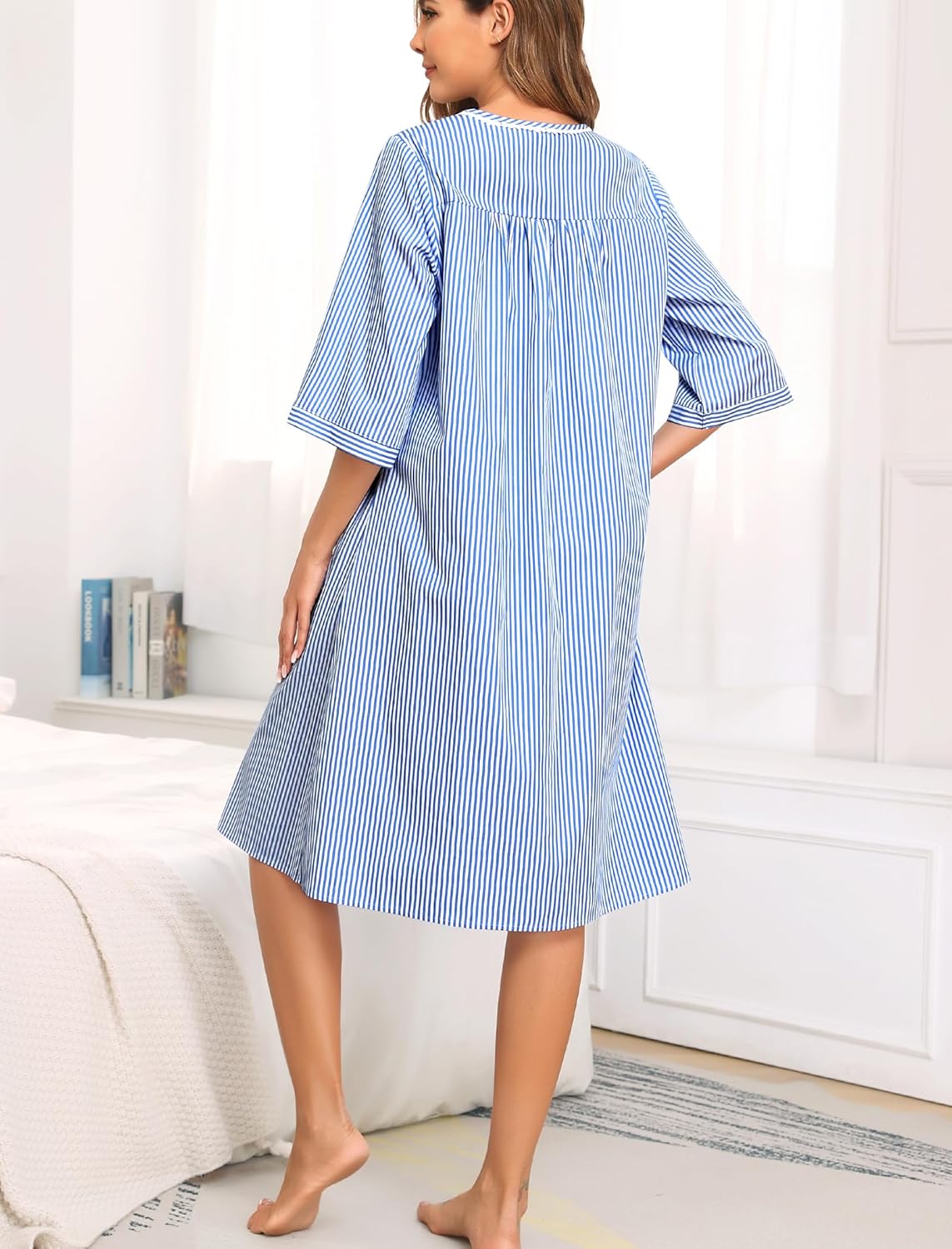 SWOMOG House Dress for Women Snap Front Dusters for Women with Pockets 3/4 Sleeve Cotton Nightgown S-XXXL - Image 7