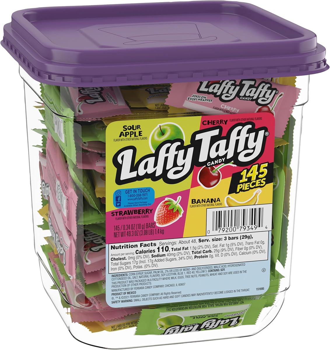 Laffy Taffy Assorted Mini Bars, Fruity Candy, Individually Wrapped, 145 Ct | Sour apple, cherry, strawberry, banana taffy, mini bars, individually wrapped, bulk tub, party, sharing