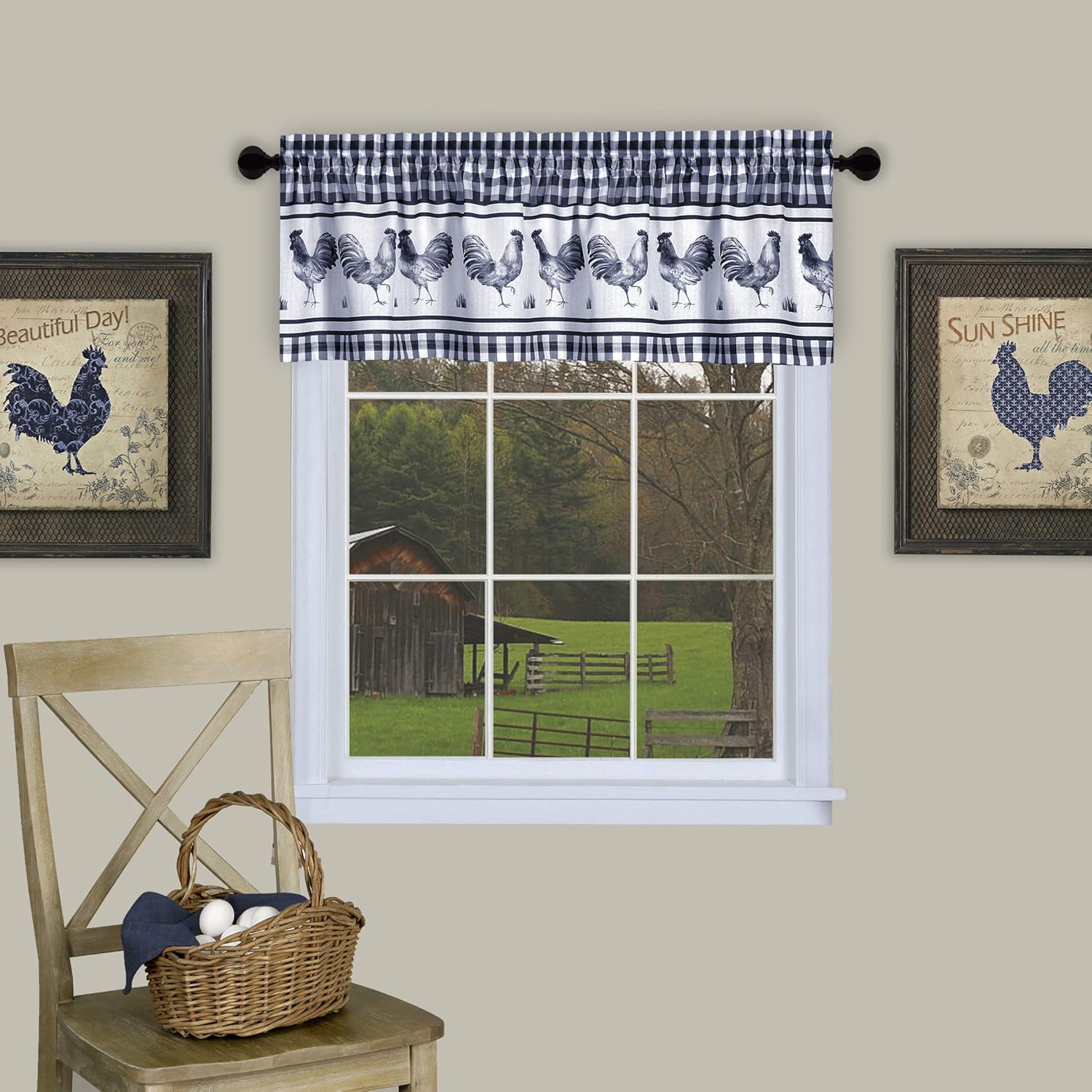 ACHIM Light Filtering Printed Tier & Valance Window Curtain Set - 58 Inch Length, 36 Inch Width - Barnyard (Navy), Machine Washable Drape for Kitchen, Bedroom, Living, & Dining Room Home Decor