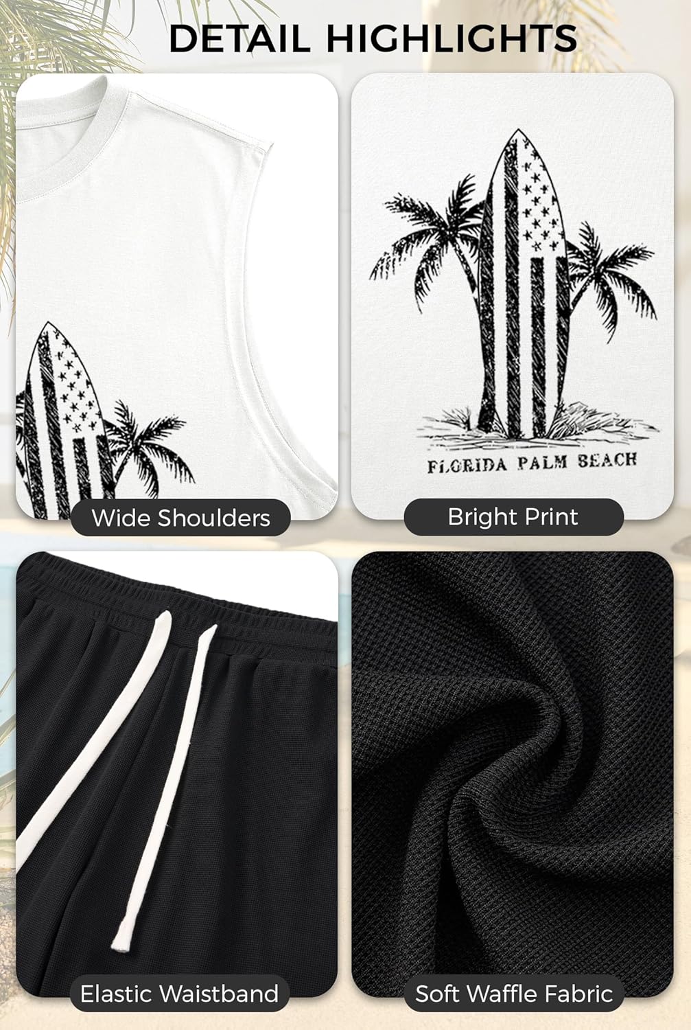 Mens Beach Summer 2 Piece Sets Palm Tree Vacation Tropical Graphic Tank Tops and Waffle Shorts Outfits (S-XXL)
