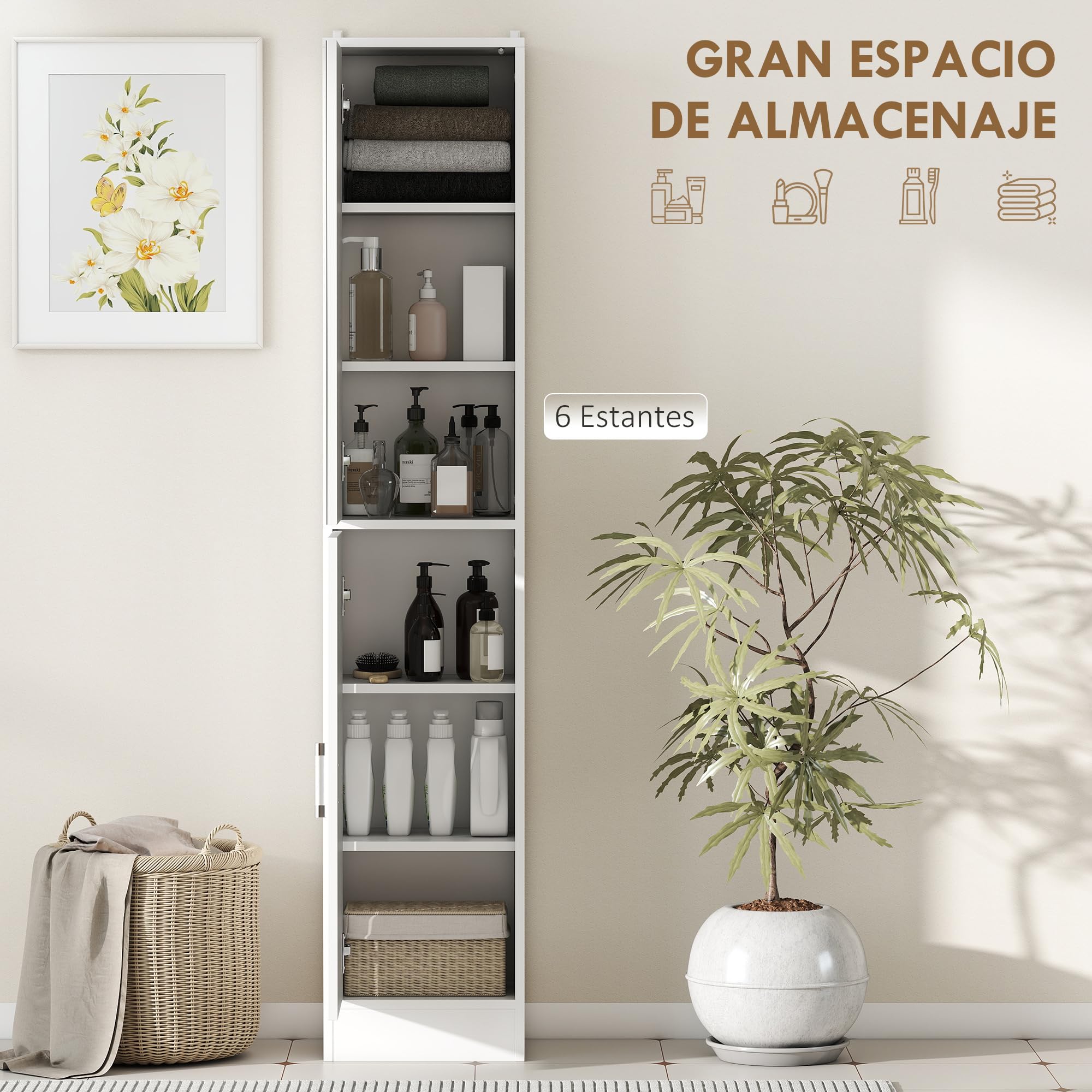 kleankin Armario para Baño Alto Mueble Columna de Baño con Espejo 2 Puertas y Estantes Interiores Ajustables Multiusos para Cocina Salón 32x28x162 cm Blanco