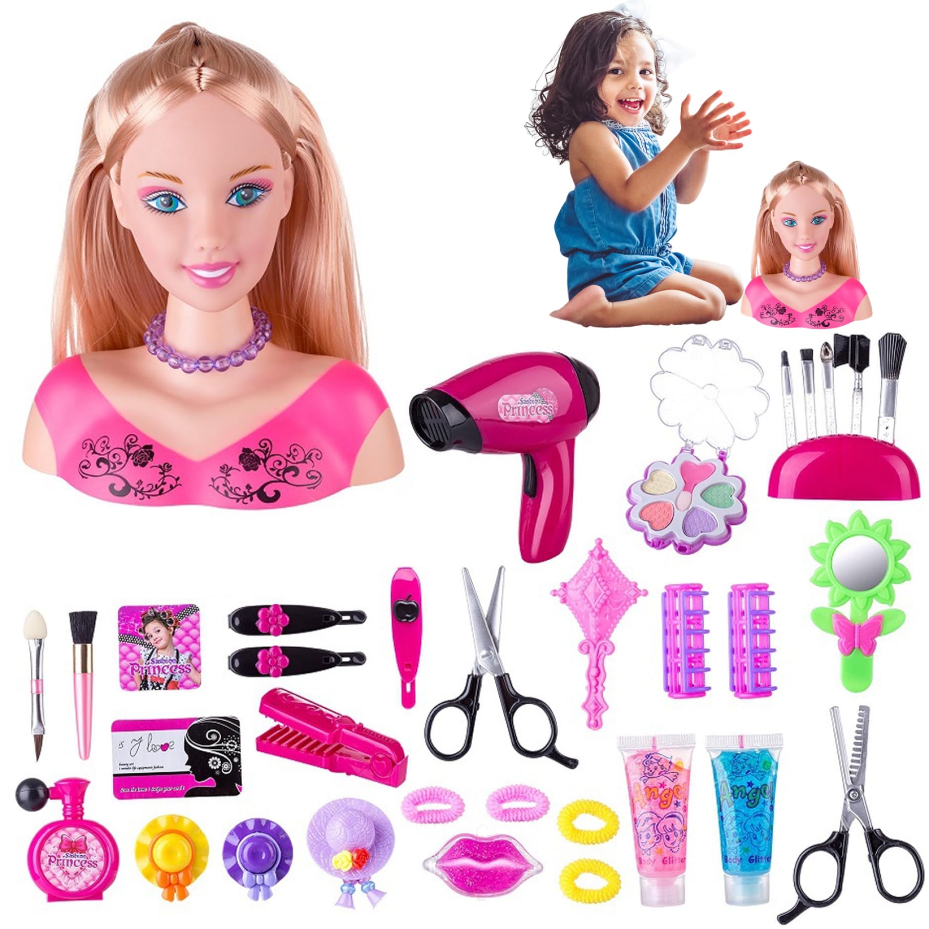 Jorzer Cabeza de muñeca para Peinado, 35 Piezas/Set Simulated Styling Head Doll para niños con secador de Cabello con batería Imaginativo y Maquillaje Aprendizaje Fewend Play Toys for Girls, Style 2.