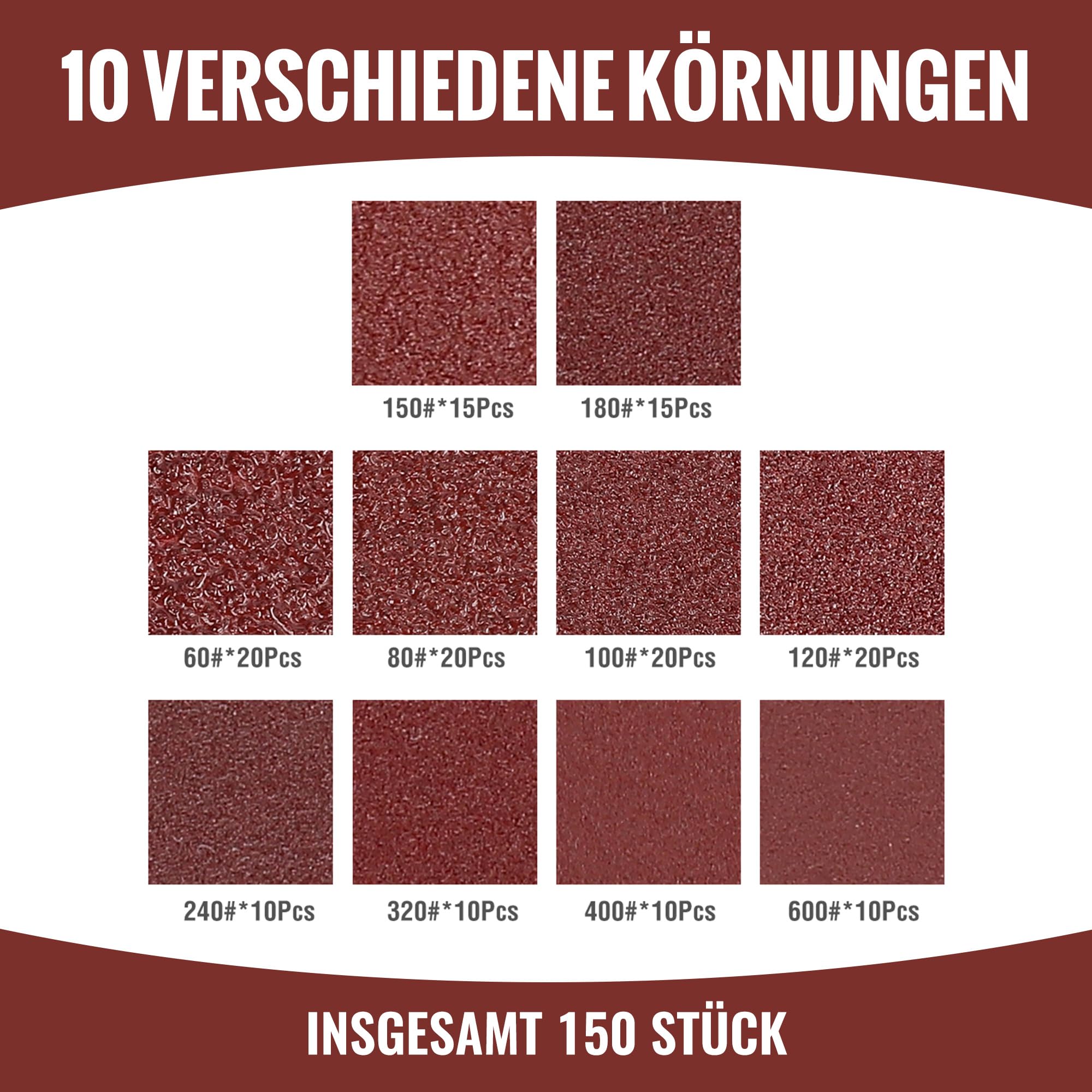 WORKPRO 150 Stück Schleifpapier 125mm Klett Schleifscheiben, Schleifblätter Körnung 60/80/100/150/180/240/320/400/600, 8 Loch Rund für Exzenterschleifer
