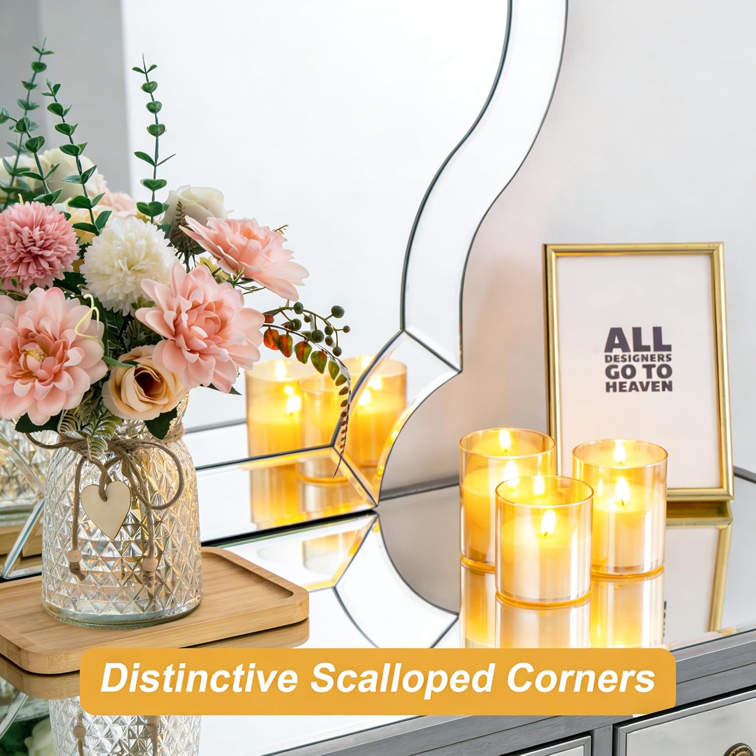 Chende 32"x47" Scalloped Large Wall Mirror for Decor Living Room, Arched Decorative Mirror with Clear Glass Frame and Beveled Edge, Modern Vertical/Horizontal Hanging, Gifts for Girls