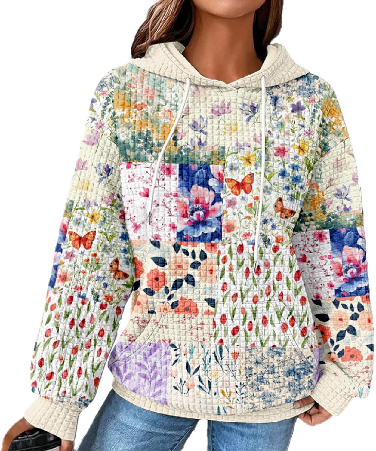 MARSVOVO Patchwork Hoodie for Women Dressy Drawstring Waffle Sweatshirt Pullover Oversized Casual Spring Fall Hoodies