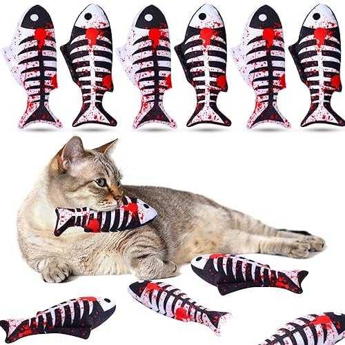 Seenelling 6 Pcs Cat Catnip Toys Fish Bone Kitten Chew Toys Cats Resistant Teething Plush Plaything Feline Entertainment Pillow Chew Supplies for Halloween Home Kitten Boredom Relief(Blood Fish) - Blood Fish