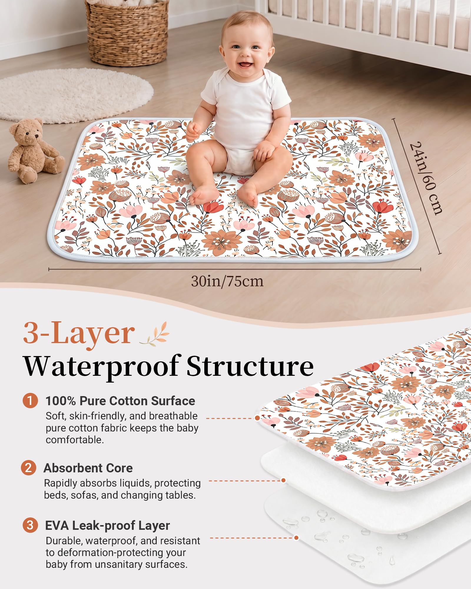 Cambiador de pañales para bebé, tapete de cambio de flores, almohadilla de cambio impermeable de 3 capas, tapete plegable absorbente para mujeres, almohadillas reutilizables para incontinencia para