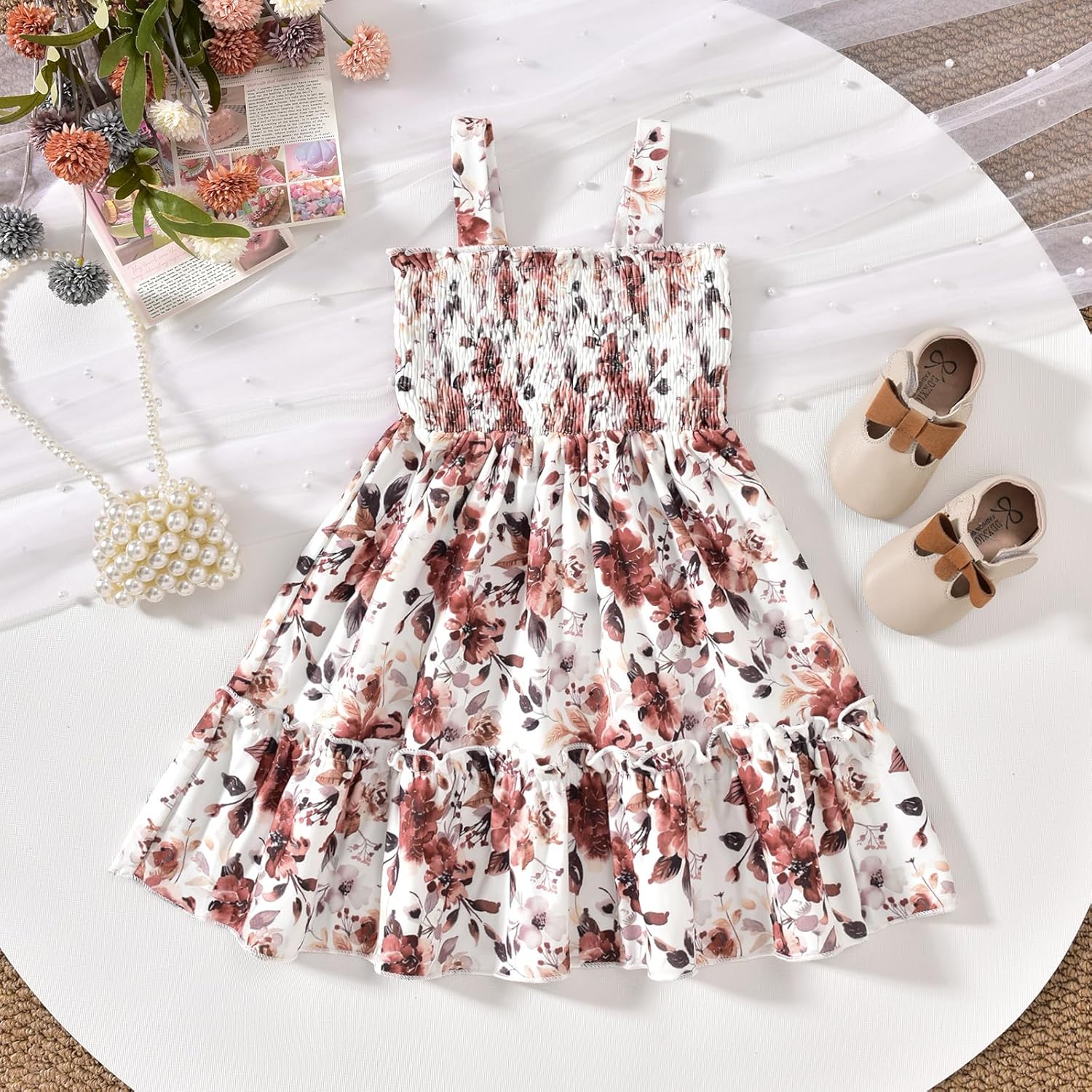 HINTINA Toddler Girl Strap Smocked Tired Dress And Long Sleeve Ruffle Cardigan 2 Piece Outfits - Image 6