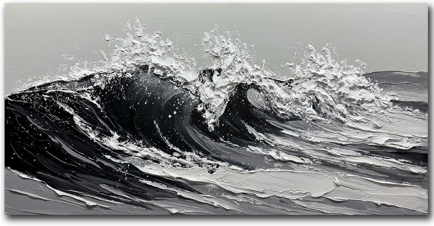 moshinart 24 x 48in Hand-Painted Oil Painting 3D Texture Black White Grey Modern Minimalist Black Abstract Wall Art, Home Office Wall Decoration Sea Wave 2