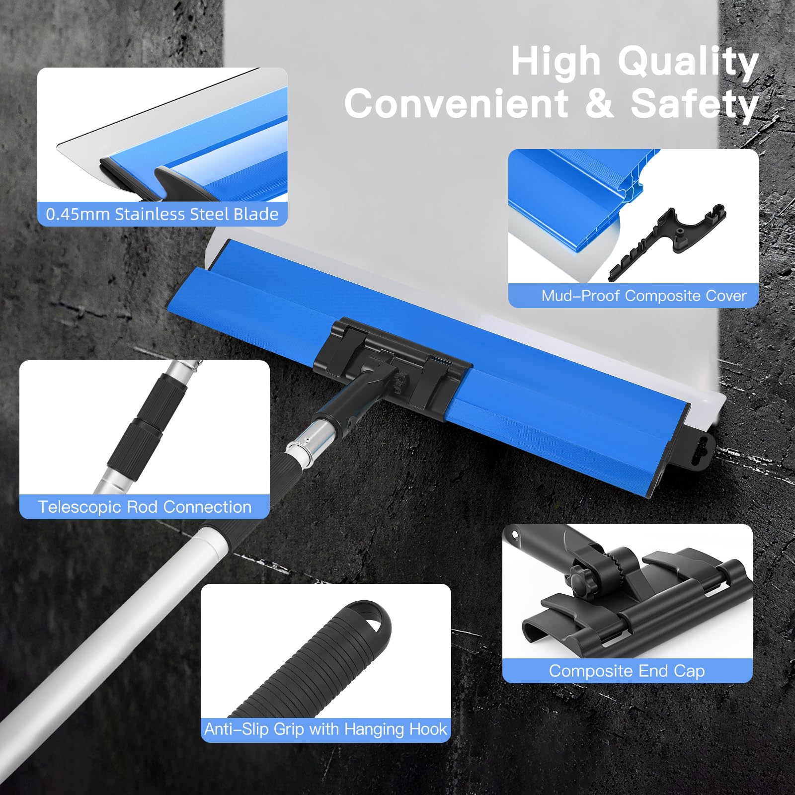 Set di spatole per superfici (250/400/600 mm) e da 0,97 m fino a 1,82 m, asta telescopica con adattatore, kit spatola lisciante multifunzione per grandi aree di lavoro, decorazione da parete (Blu)