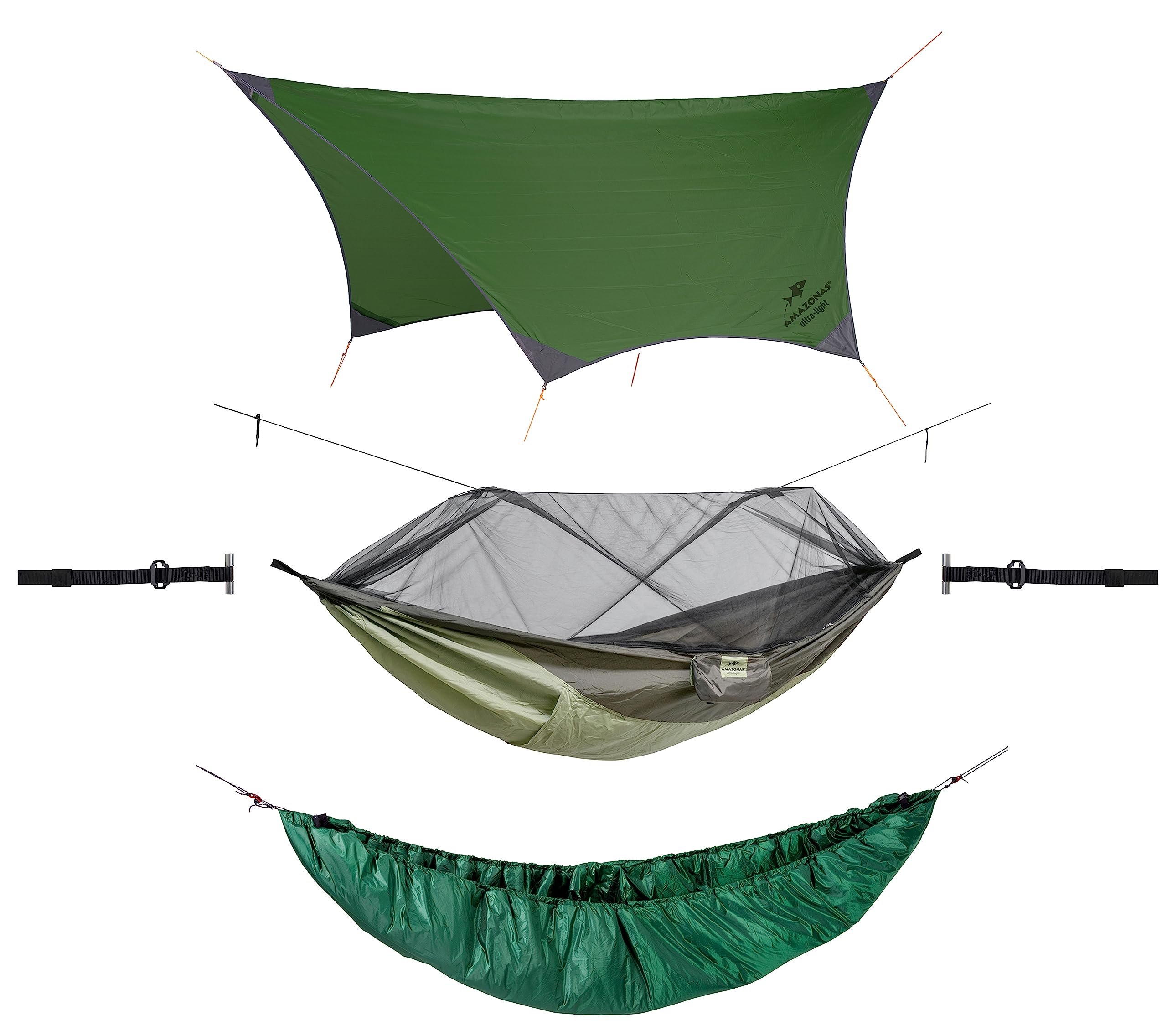 AMAZONAS Ultralight Outdoor Hammock Set XXL | Moskito Traveller Thermo, Traveller Tarp, T-Strap & Underquilt | bis 200kg, ideal für Trekker Bushcrafter Abenteurer Wildnis Camping XXL