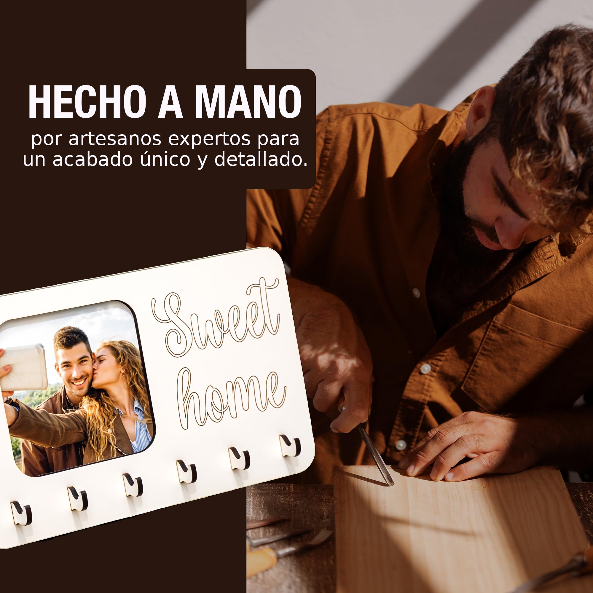 Colgador de Llaves Madera con Marco de Fotos 6 Ganchos, Llavero de Pared para Colgar Llaves sin tacos Colocar Llaves Colgador de Llaves Personalizado (MARCO)