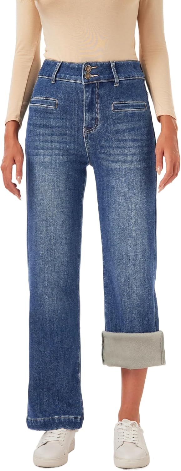 heipeiwa Women's Fleece Lined Jeans Wide Straight Leg Winter Jeans High Waisted Thermal Flannel Lined Jean Denim Pants