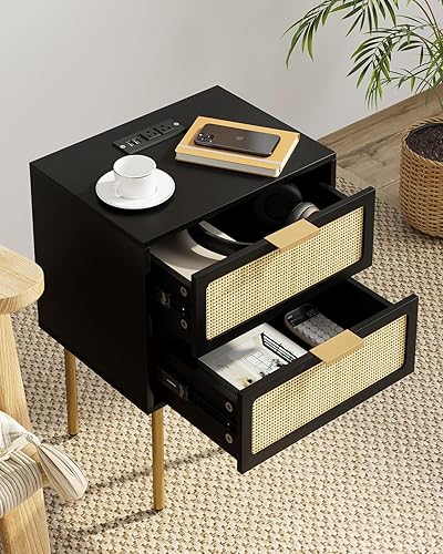 Miniatura 7 de Aobafuir Mesita de noche de ratán con estación de carga, cómoda de 2 cajones para dormitorio, mesita de noche pequeña con 2 cajones, mesita de