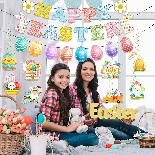 Miniatura 7 de Decoraciones de fiesta de Pascua decoraciones de Pascua sin bricolaje incluye pancarta de feliz Pascua decoraciones colgantes de Pascua suministros