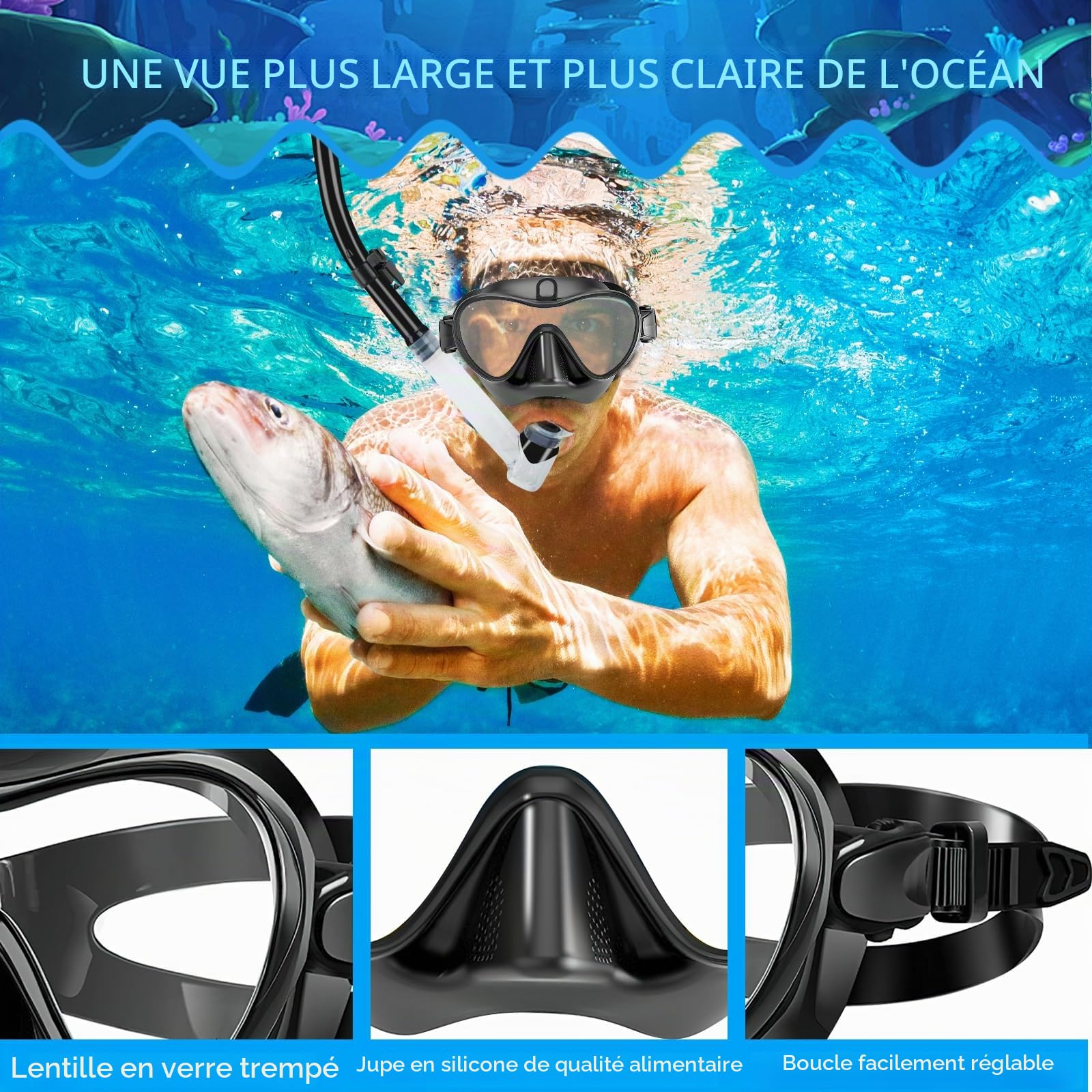 Plongée Ensemble de Plongée Tuba, Équipement de Plongée avec Tuba, Silikon Masques Plongée, Snorkeling Lunettes de Natation, Diving Mask, Masque Piscine