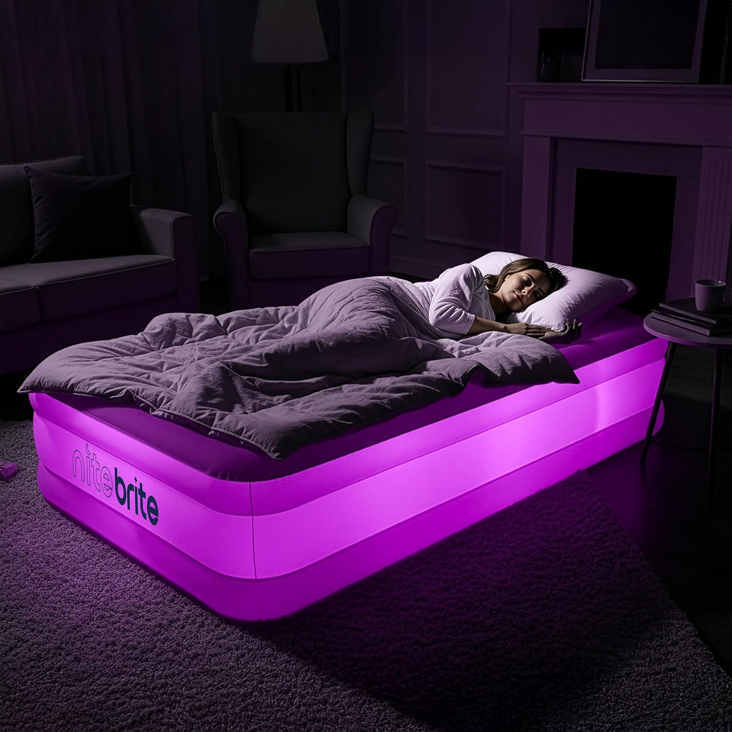 AirCandy Nite Brite Twin Inflatable Air Mattress with LED Lights – 15” Raised Blow Up Bed, USB Powered Color-Changing Glow, Flocked Top, Guest & Sleepover Bed