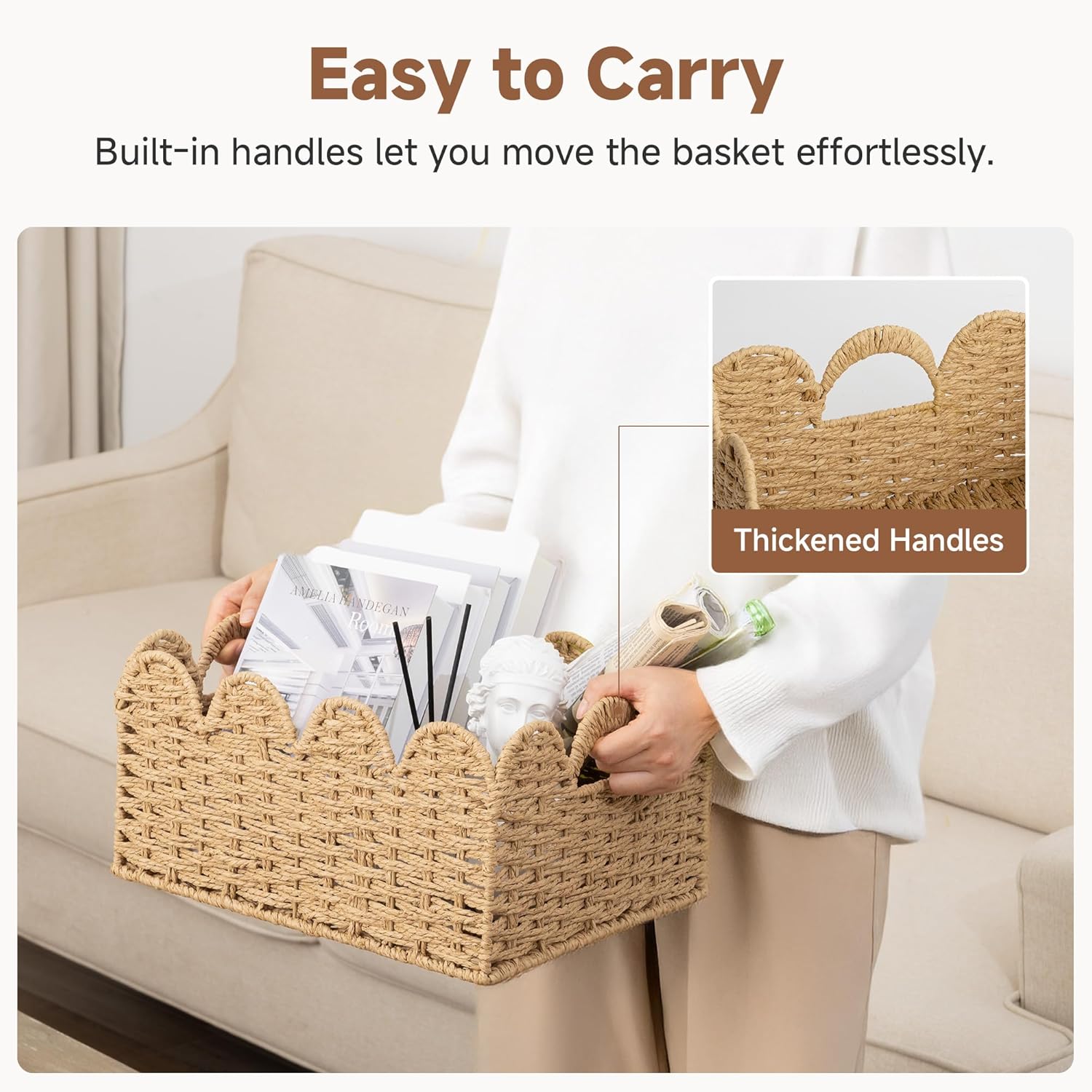 StorageWorks Scalloped Wicker Basket, Woven Baskets for Storage, Large Baskets with Handles, Paper Rope Basket for Organizing and Decor, 2 Pack