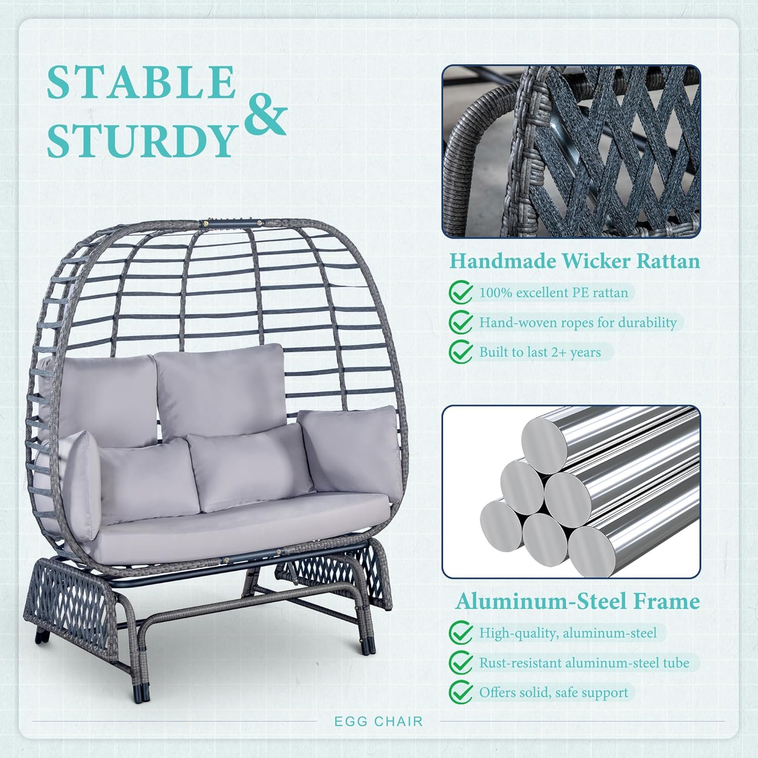 Outdoor Double Egg Chair Patio Chairs - 500lbs Capacity for 2 Person, Oversized Wicker Rocking Glider Chair with Steel Stand, Hand-Woven Lounge Chair Nest Loveseat for Indoor, Porch, Backyard, Balcony 5