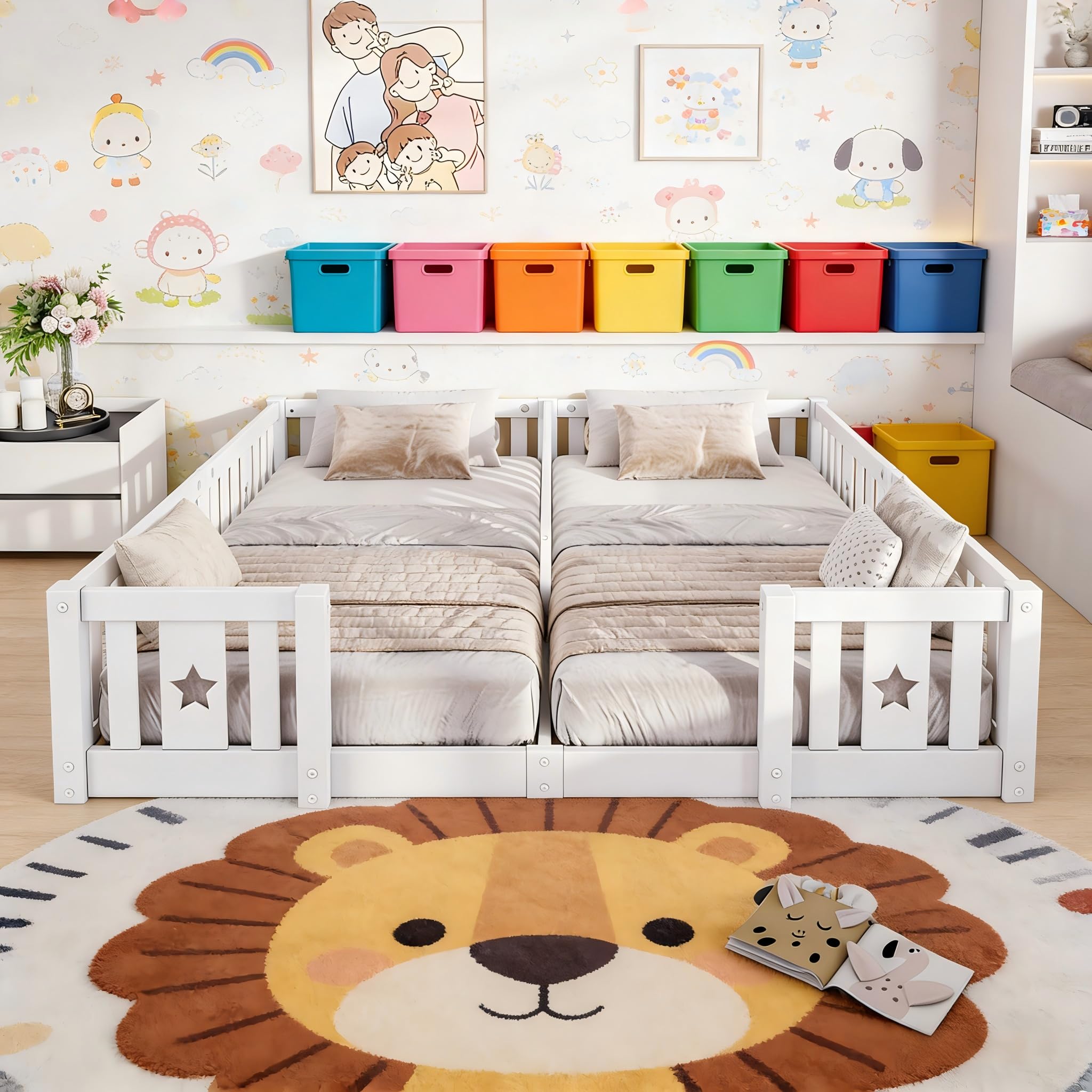 Letto Montessori Doppio 2x90x200 in Legno Massello, Letto Bambini con Sponde di Sicurezza, Letto a Terra per Cameretta, Letto Bambini Montessori, senza Rete a Doghe, Bianco