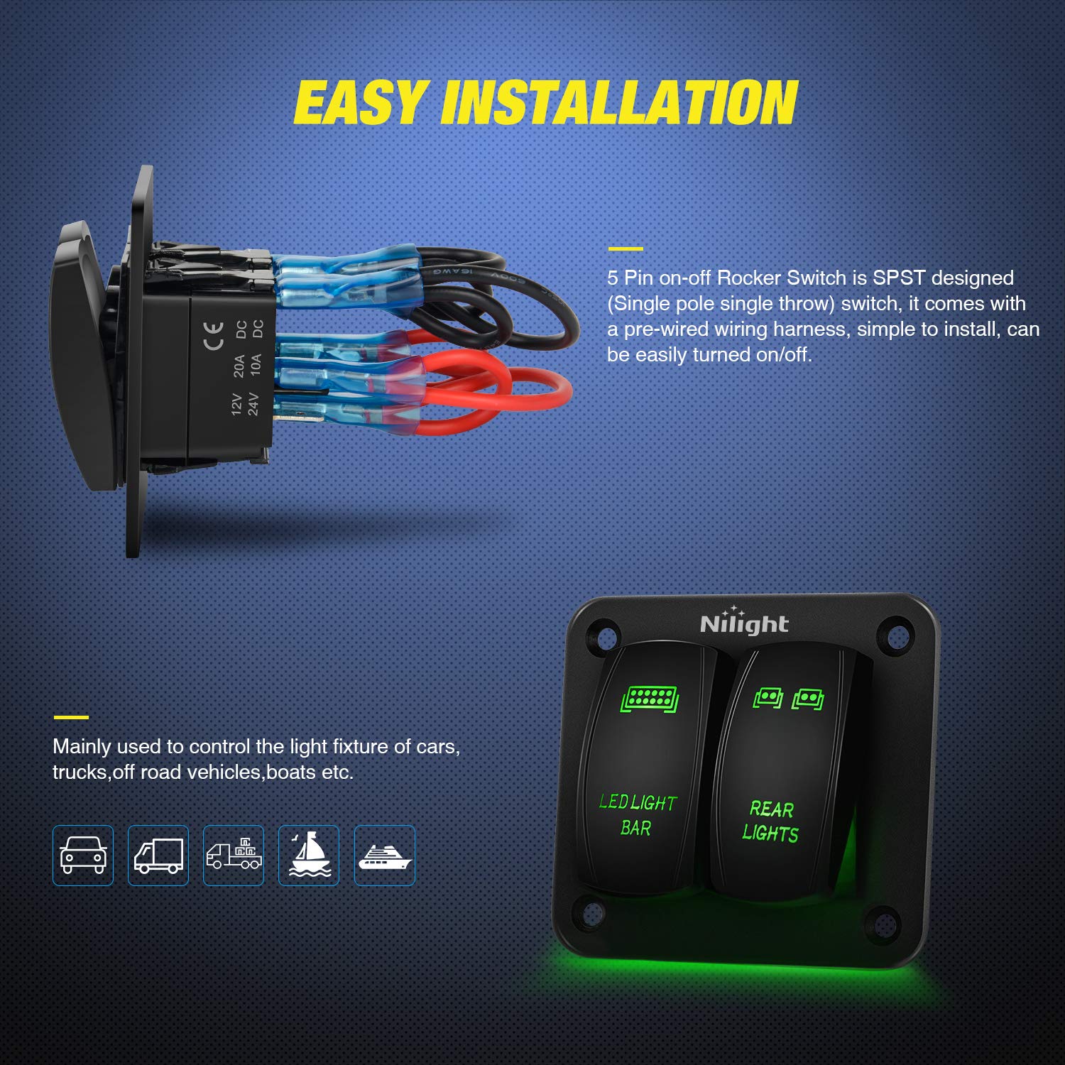 2 Gang Rocker Switch Panel LED Light Bar Switch Rear