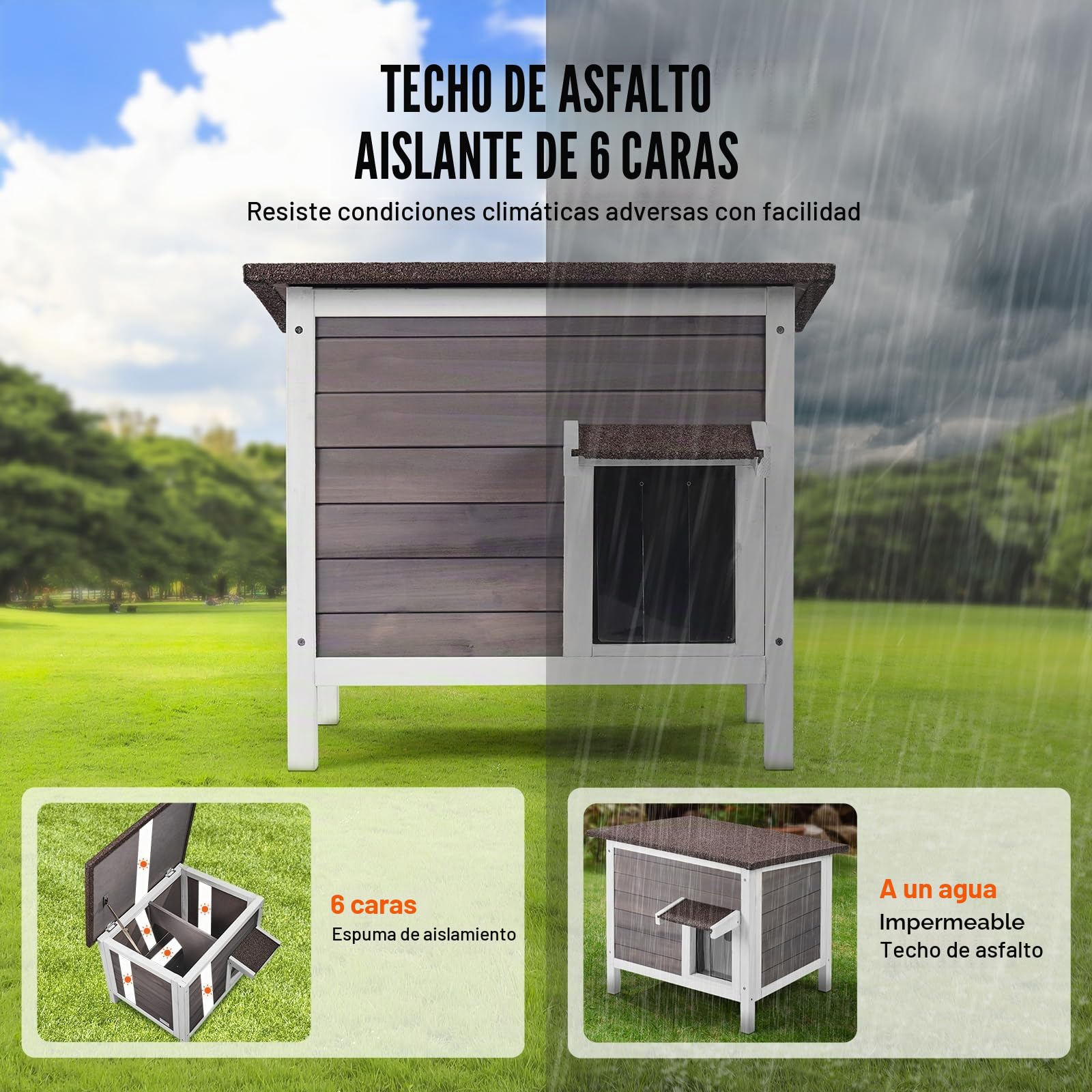 VEVOR Casa para Gatos de Exterior de 610 x 508 x 535 mm, Refugio para Varios Gatos de Madera de Exterior con Aislamiento de Espuma en Todos Los Lados, Techo Abierto, Puertas con Solapas de PVC, Gris