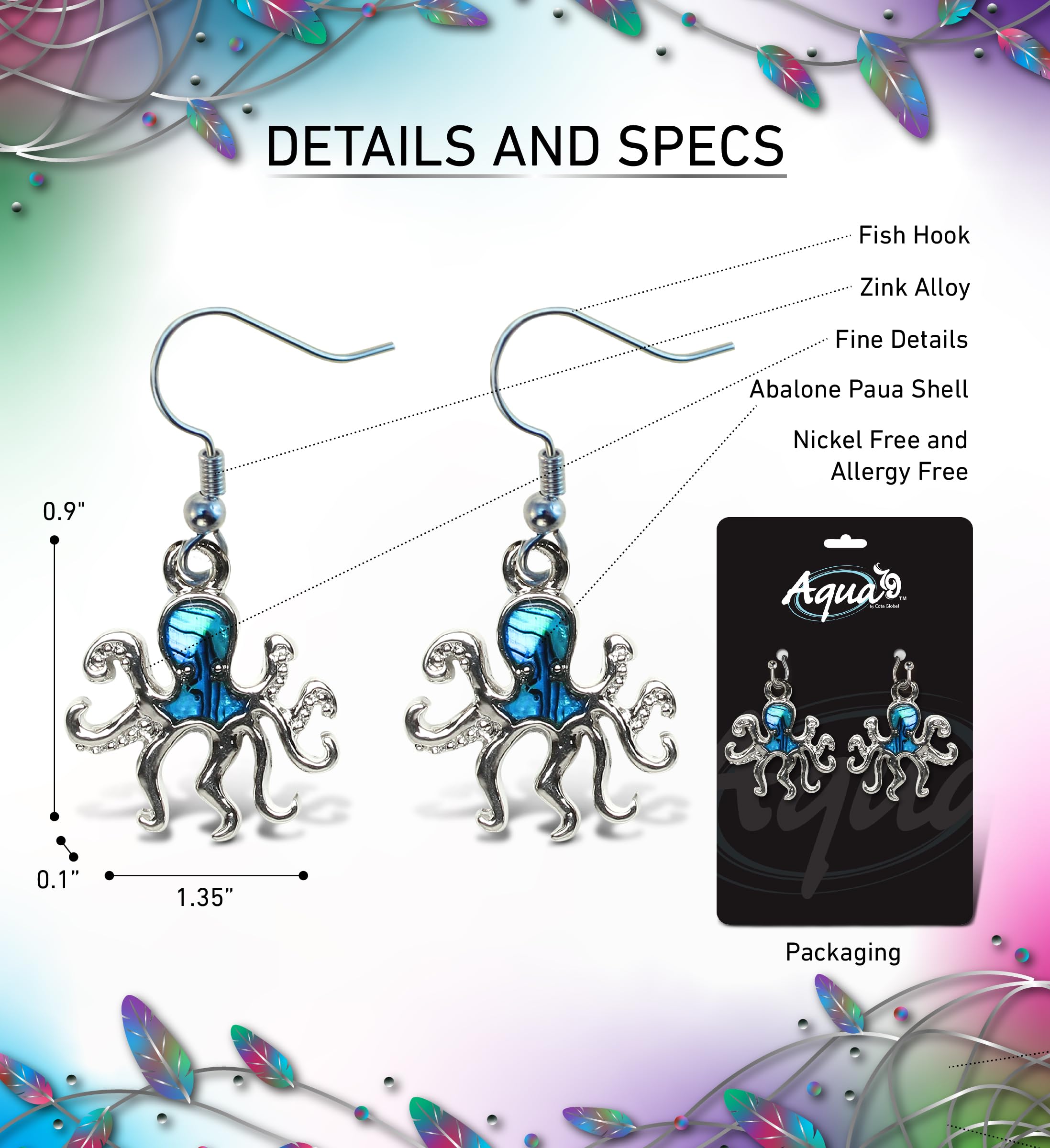 Aqua79 Octopus Earrings - Elegant New Zealand Blue Paua Shell Jewelry Ocean Animal Octopus Earrings for Women, Charming Ocean Themed Jewelry Gift - 1.35 Inches
