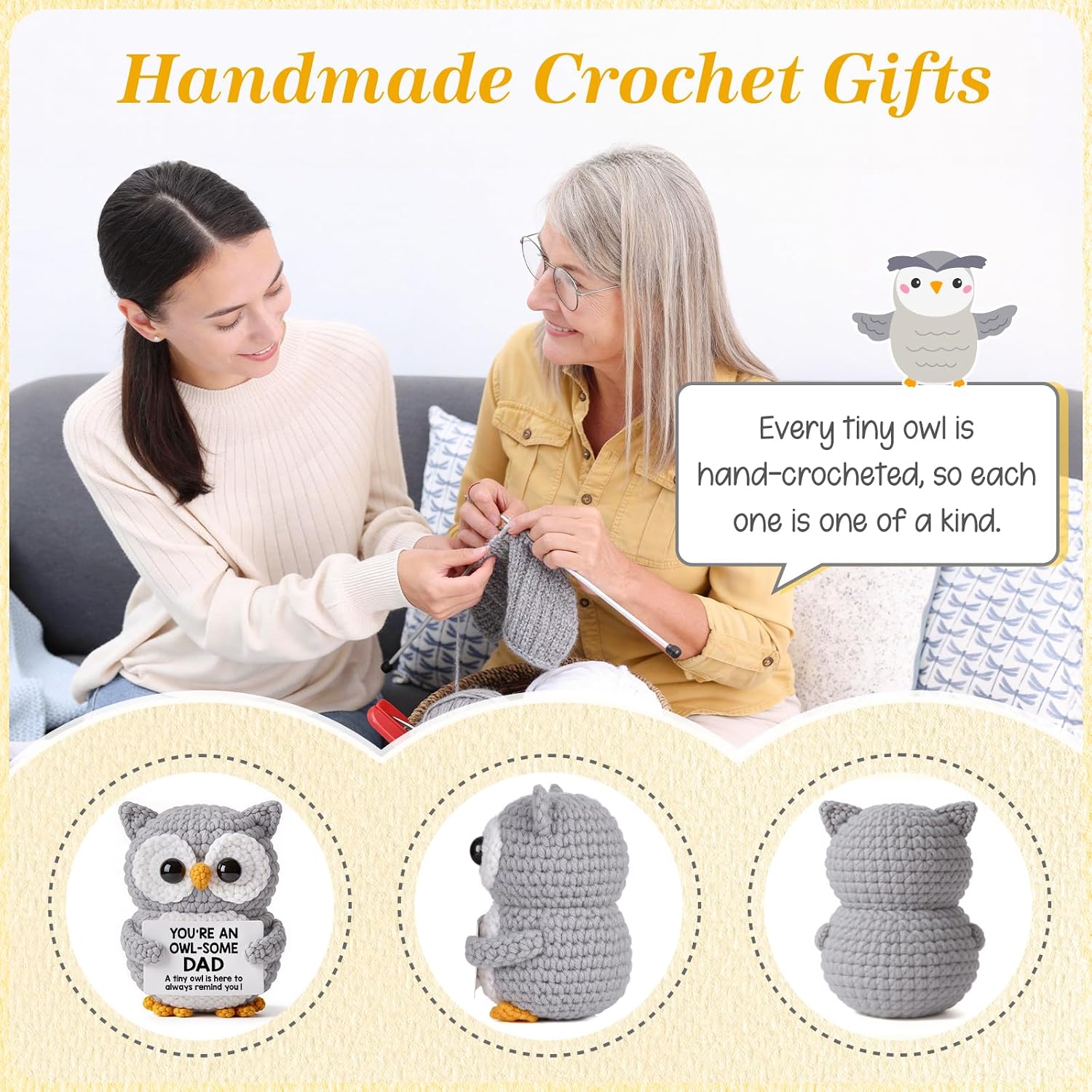 Qallicon Dad Gifts from Daughter Son Wife, Positive Handmade Crochet Fathers Day Birthday for Dad, Funny I Love You Owl Gifts for Dads