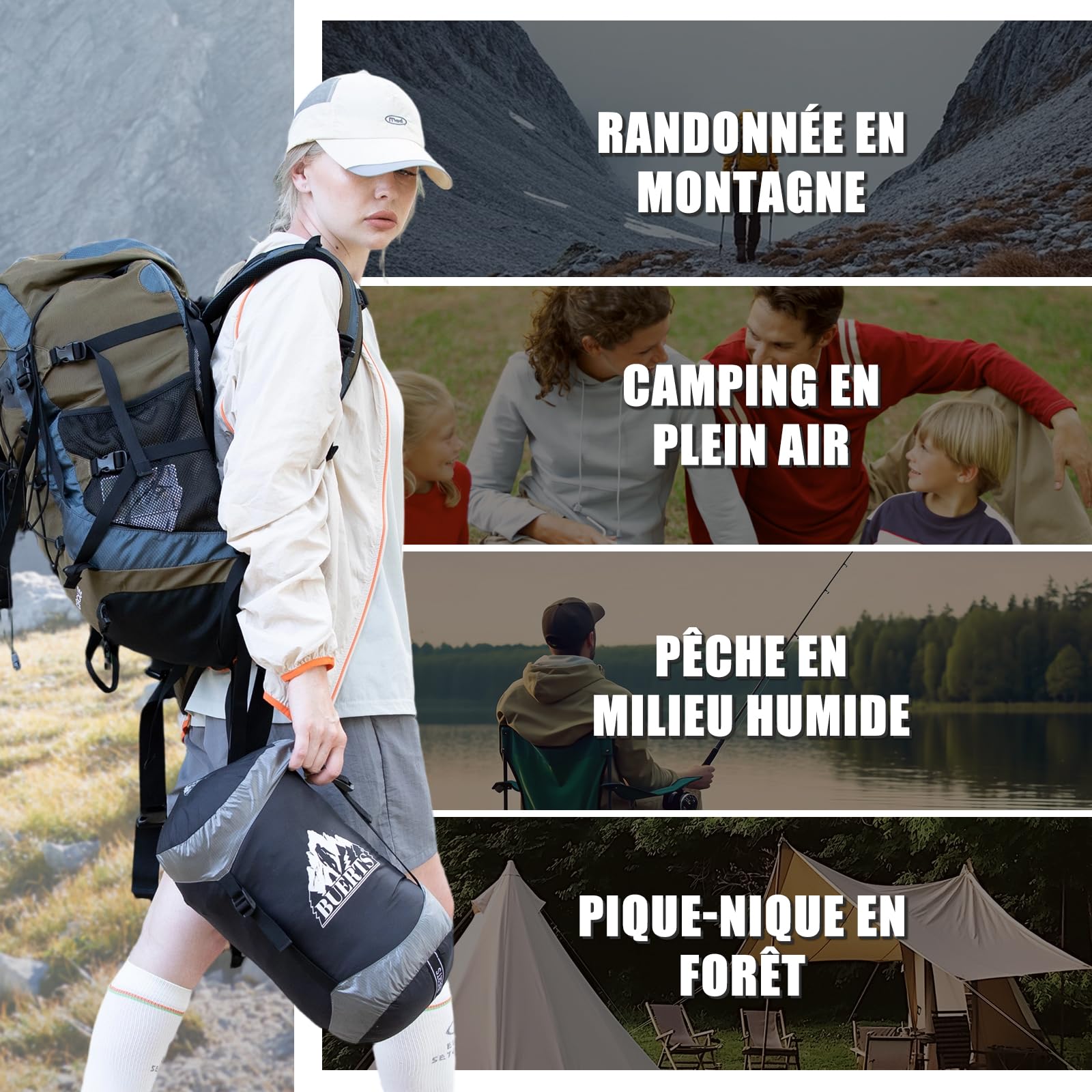 Sac de Couchage en Duvet pour Adulte, 680 FP, Sac de Couchage d'extérieur pour l'extérieur, Convient pour Le Camping, la randonnée et Les Voyages, Sac de Compression Inclus.