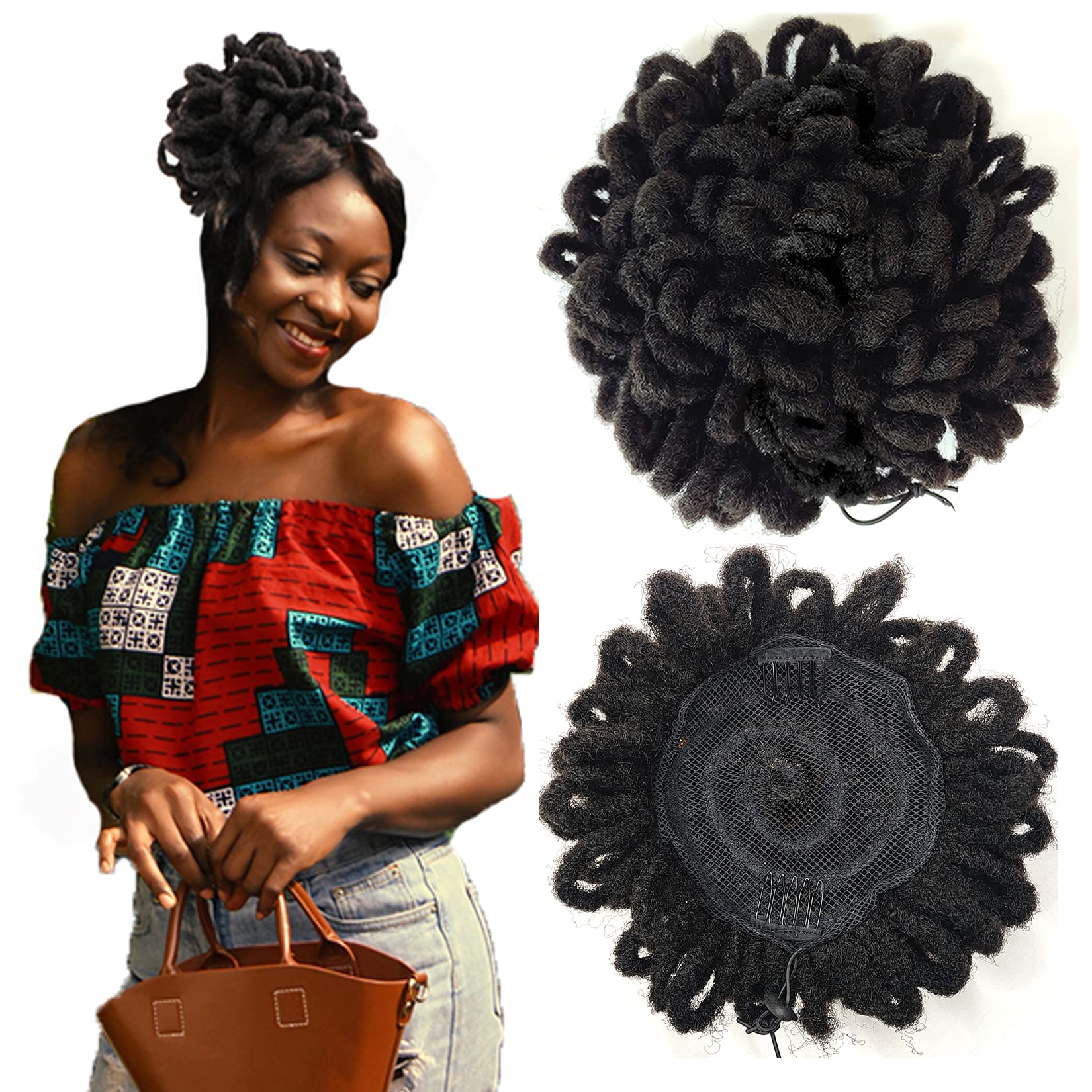 Abellee Loc Buns For Black Women 8Inch Loc Petal Bun Afro High Puff Drawstring Ponytail Faux Locs Hair Bun Pony Tail Hairpieces Clip In Hair