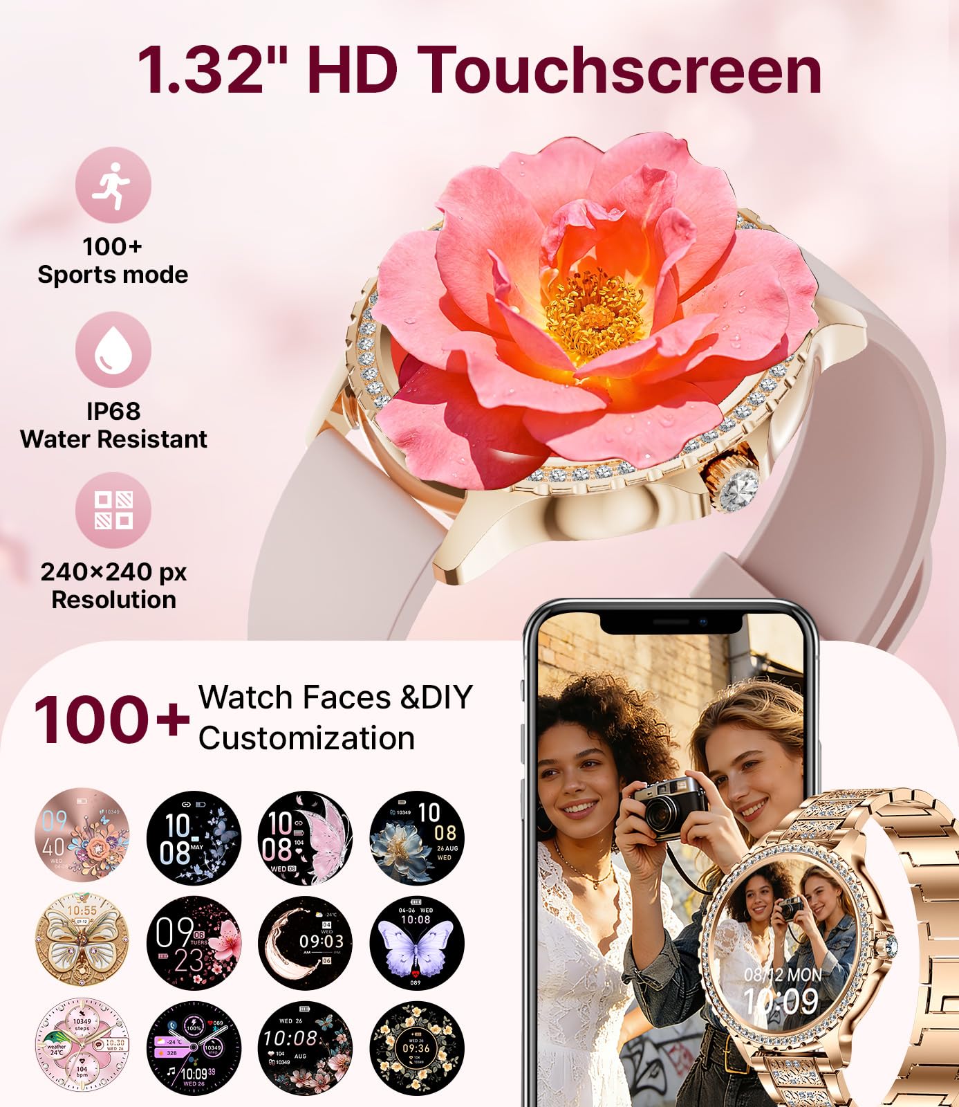 LIGE Reloj Inteligente para Mujer Bluetooth Llamada telefónica para Android iOS 100+ Deporte Smartwatch 1,32 Pulgadas HD Elegante Oro Rosa Acero Reloj Inteligente Redonda