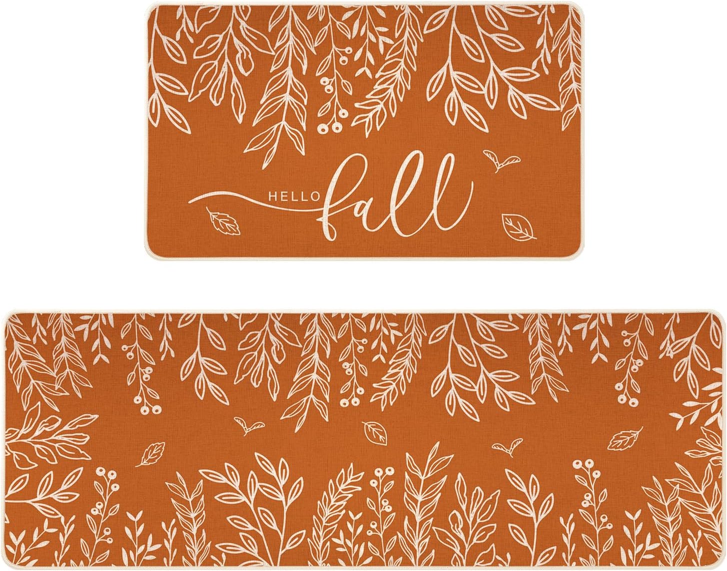 Siilues Fall Kitchen Mats Set of 2, Non-Slip Orange Hello Fall Eucalyptus Low-Profile Kitchen Rugs for Floor Seasonal Autumn Thanksgiving Home Decor - 17x29 and 17x47 Inch