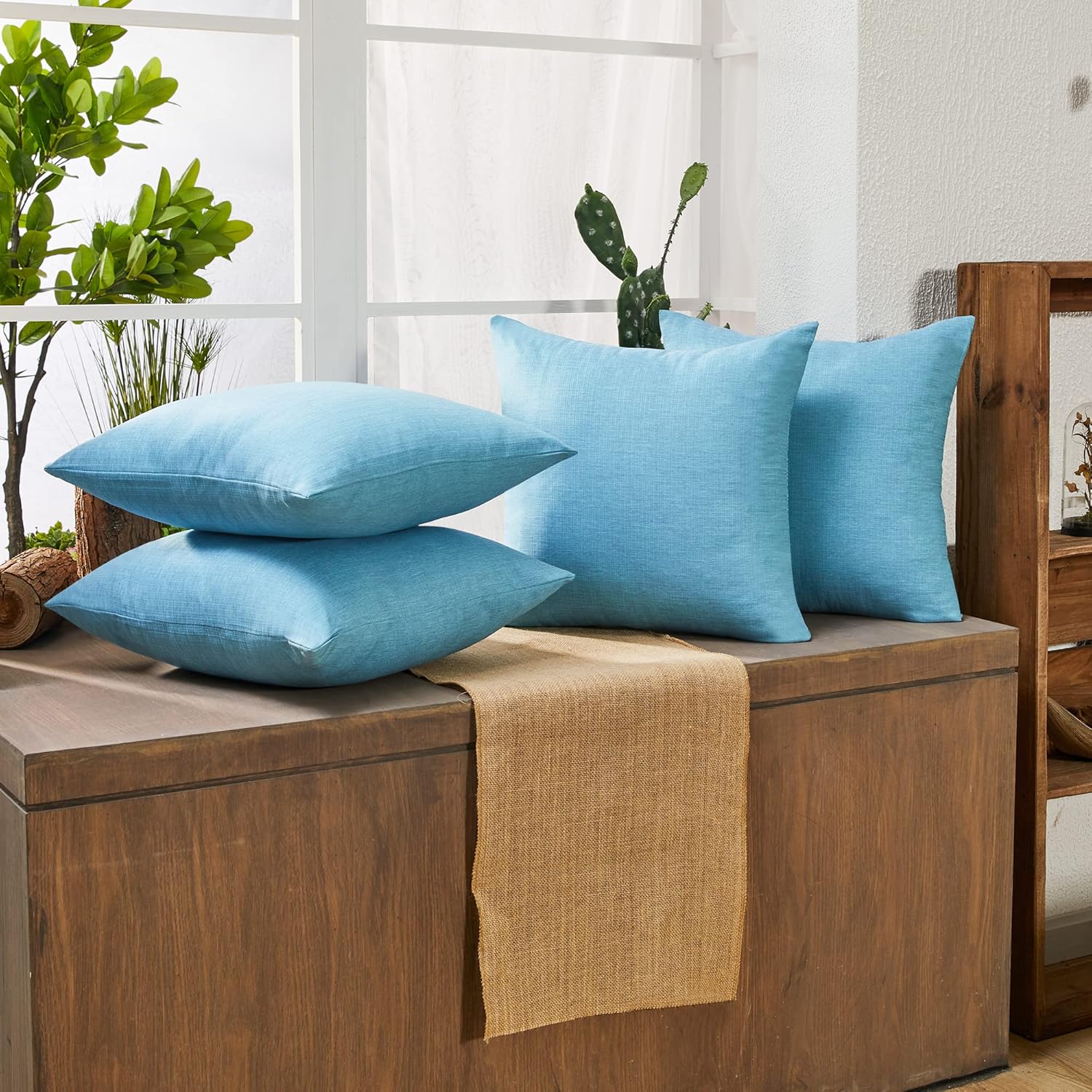 Deconovo Blank Pillow Covers Faux Linen Pillow Shams - Soft Cushion Covers Pillowcases for Patio 24x24 Inch, Lake Blue Set of 4 Case Only No Insert