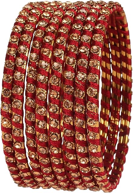 Touchstone New Silk Thread Bangle Collection Indian Bollywood Hand Woven Silk Thread Rhinestone Designer Jewelry Bracelets Bangle Set of 8 for Women.