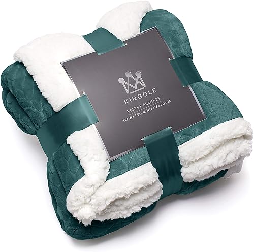 Kingole Manta Sherpa de lujo reversible de doble capa, color azul pavo real, extra cálida, súper suave y acogedora felpa para sofácama, microfibra