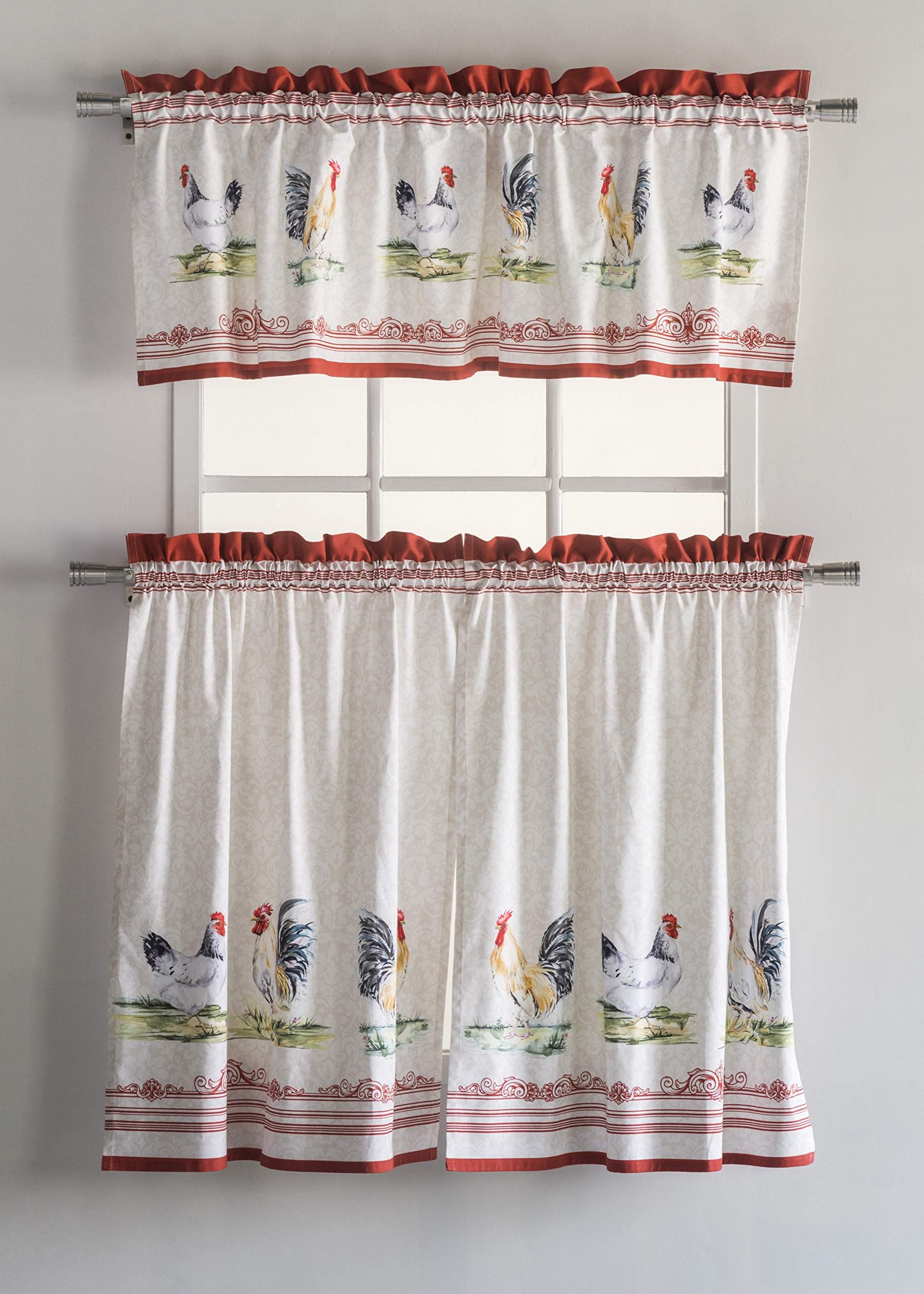 Maison d' HermineKitchen Curtains Sets for Windows 100% Cotton Set of Kitchen Curtains Valances for Home [2 Tiers (28"X36") and 1 Valance (56"X18")] Farmhouse, Cafe (Campagne)OEKO-TEX STANDARD 100