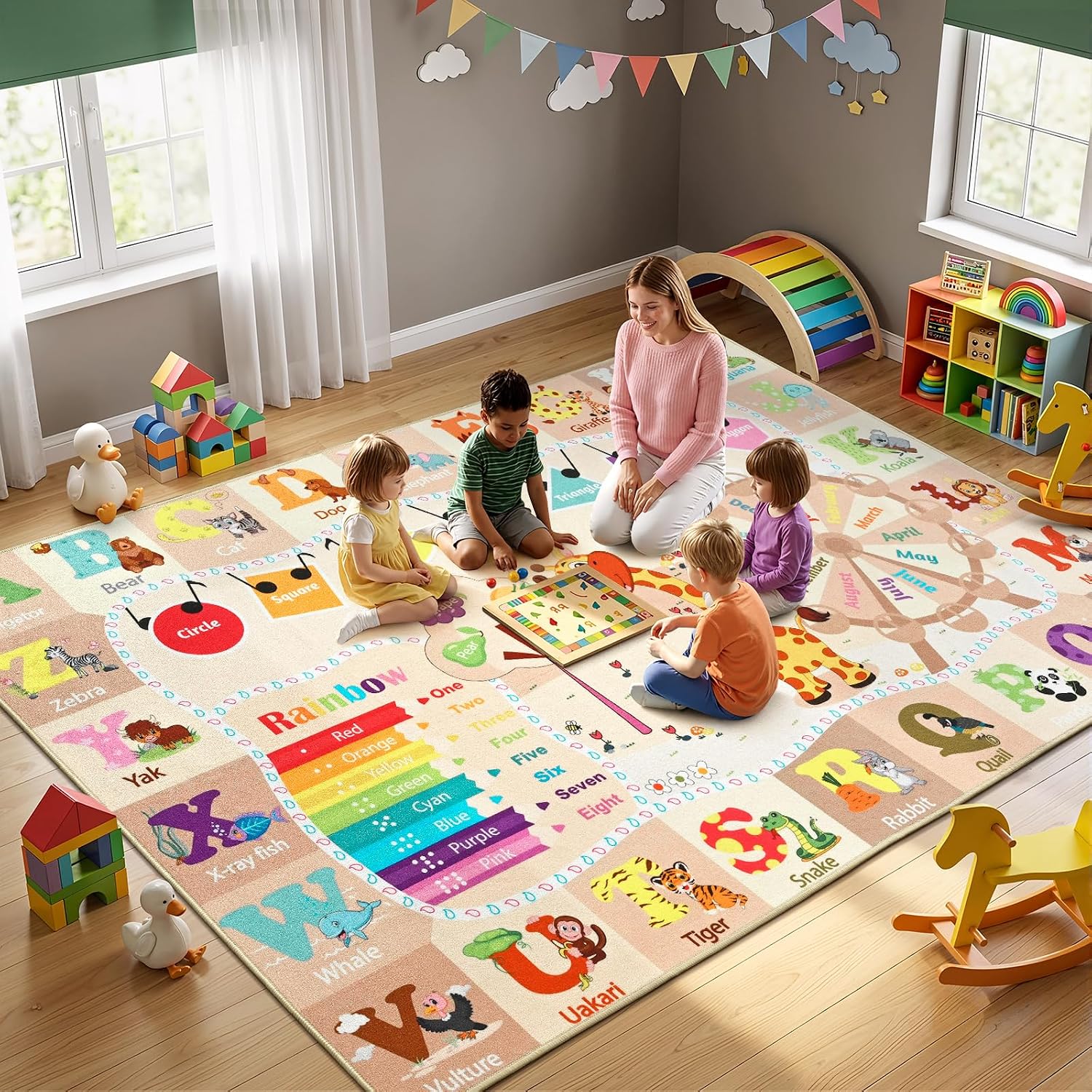 ST. BRIDGE Kids Rugs for Playroom 6x9, Educational Area Rug with Alphabet, Animals, Numbers, Shapes, Months & Colors, Non-Slip Washable Learning Play Mat for Nursery Classroom Toddler Room, Beige